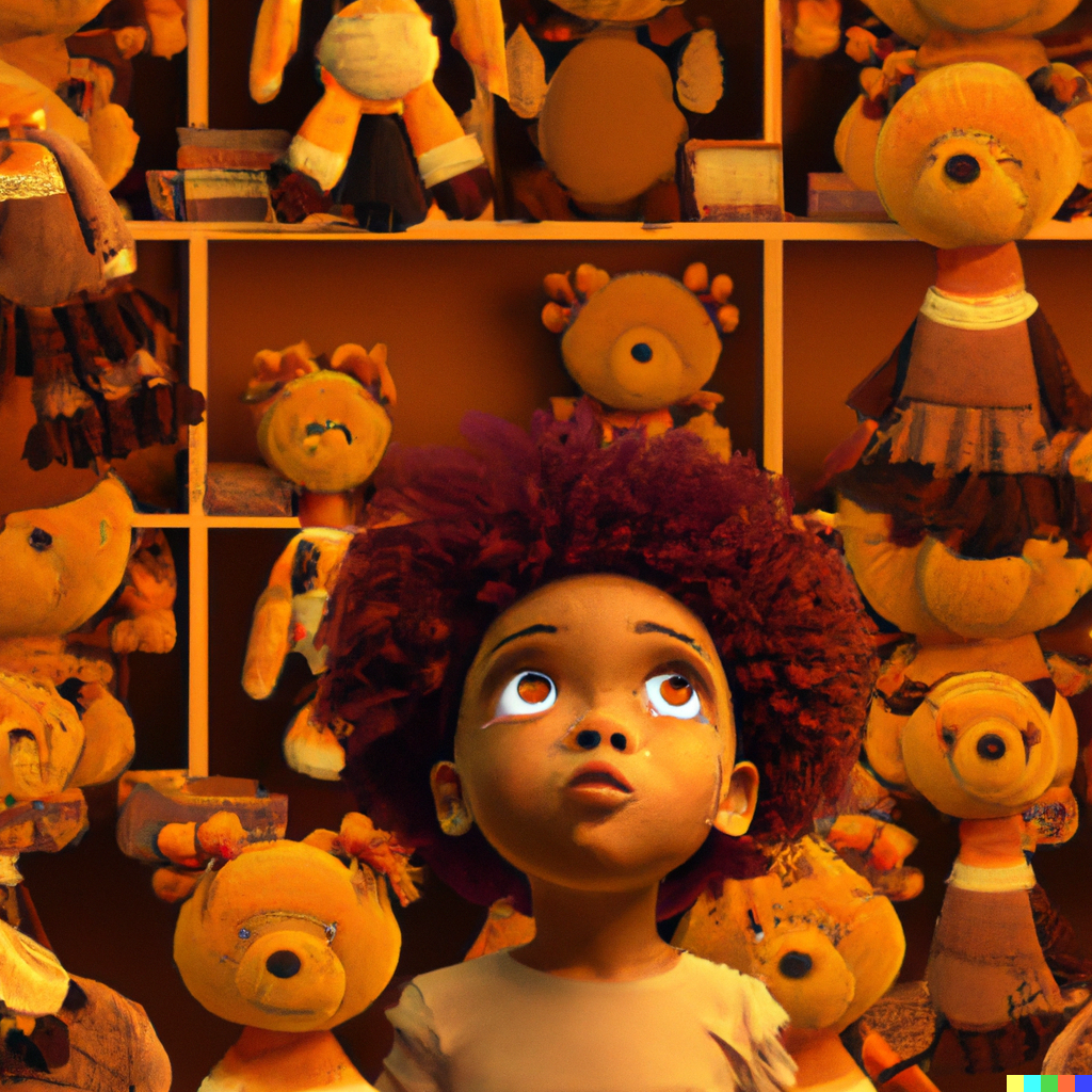 DALL·E 2023-01-03 12.08.22 - a black girl with red afro hair lookping up at a tall pile of plush toys with big eyes in a gold room realistic .png