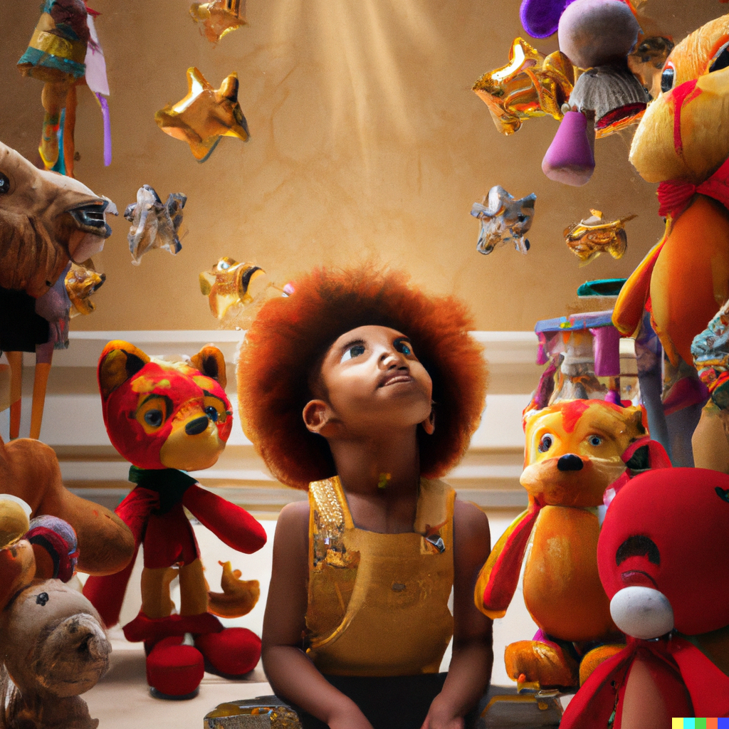 DALL·E 2023-01-03 12.08.19 - a black girl with red afro hair lookping up at a tall pile of plush toys with big eyes in a gold room realistic .png