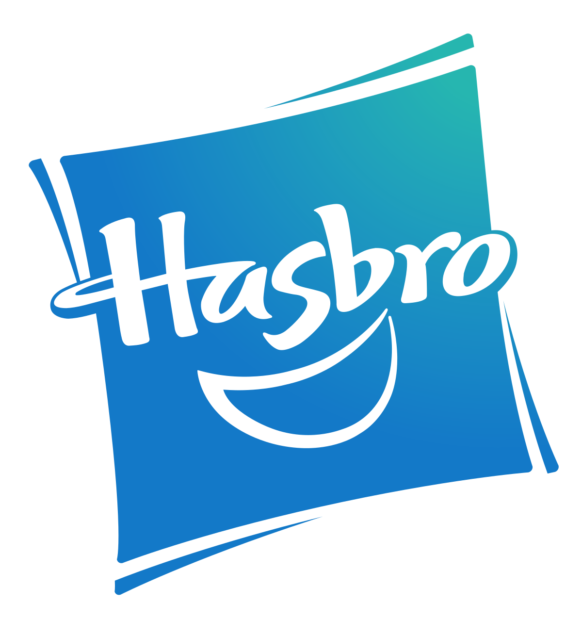 Hasbro logo with a blue background, showing the word 'Hasbro' in white letters and a smiling face underneath, all inside a rectangular shape.