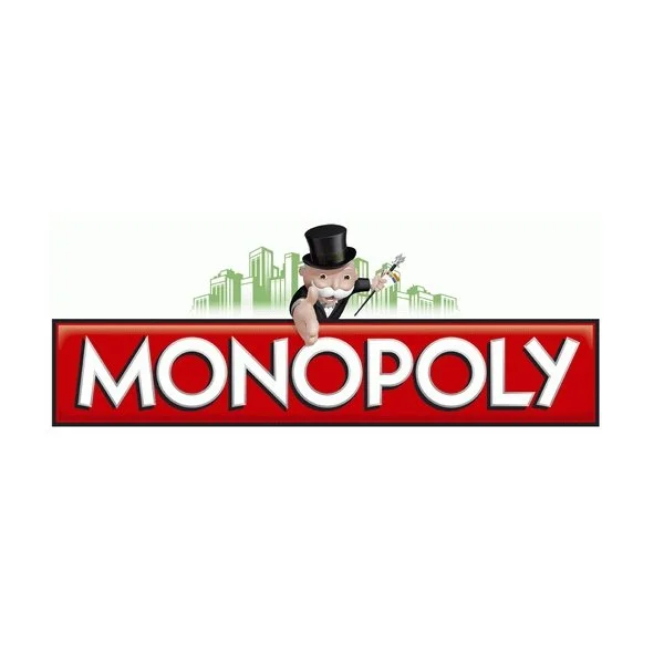 The Monopoly logo featuring the Monopoly mascot, Mr. Monopoly, wearing a top hat and holding a monocle in front of a cityscape background.