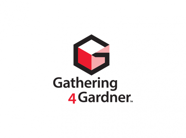Logo for Gathering 4 Gardner featuring a black cube with a red and white G inside, and the text "Gathering 4 Gardner" below, with the number 4 in red.
