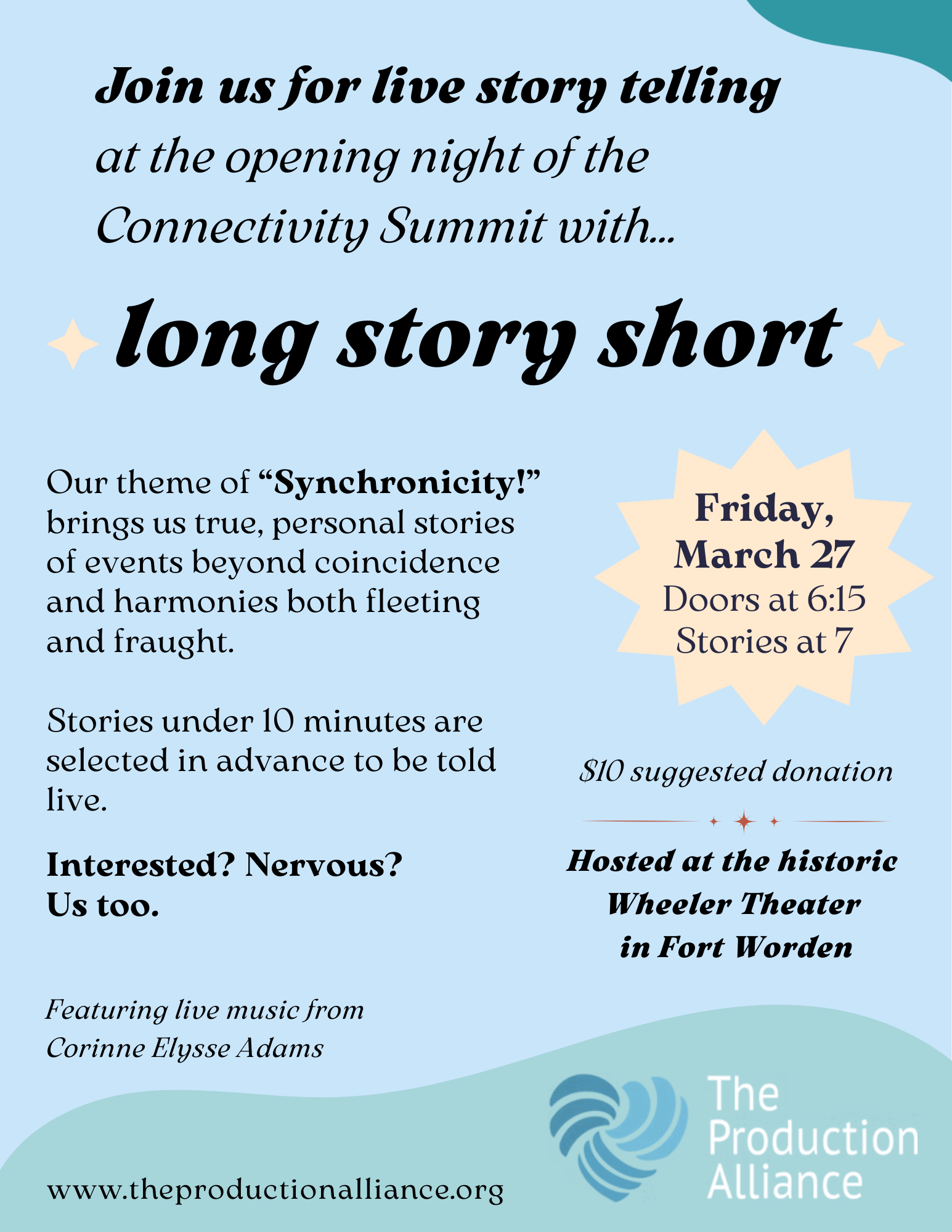 Flyer for a live storytelling event hosted by Kellen Lynch