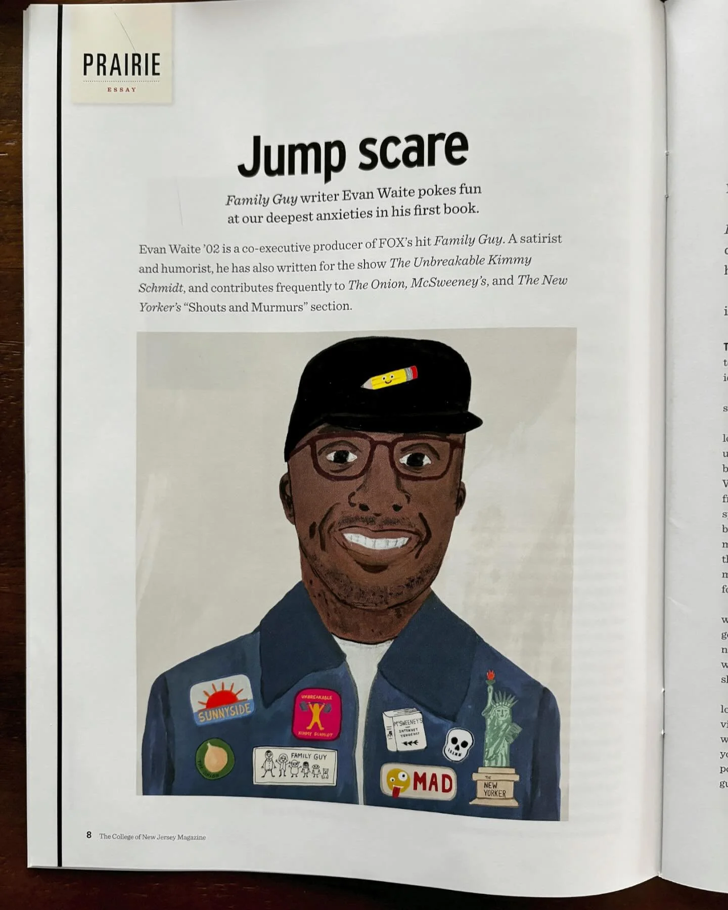 It&rsquo;s always exciting to get something you illustrated in the mail. Thank you to @tcnjmagazine for hiring me to illustrate the portrait of Evan Waite - producer of Family Guy and writer on my favorite show the Unbreakable Kimmy Schmidt, the Onio