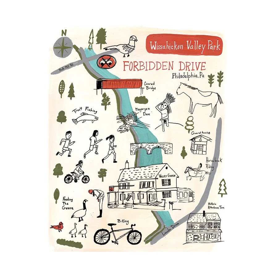 Wissahickon Valley Park Forbidden Drive Philadelphia Illustrated Map Signed Art Print