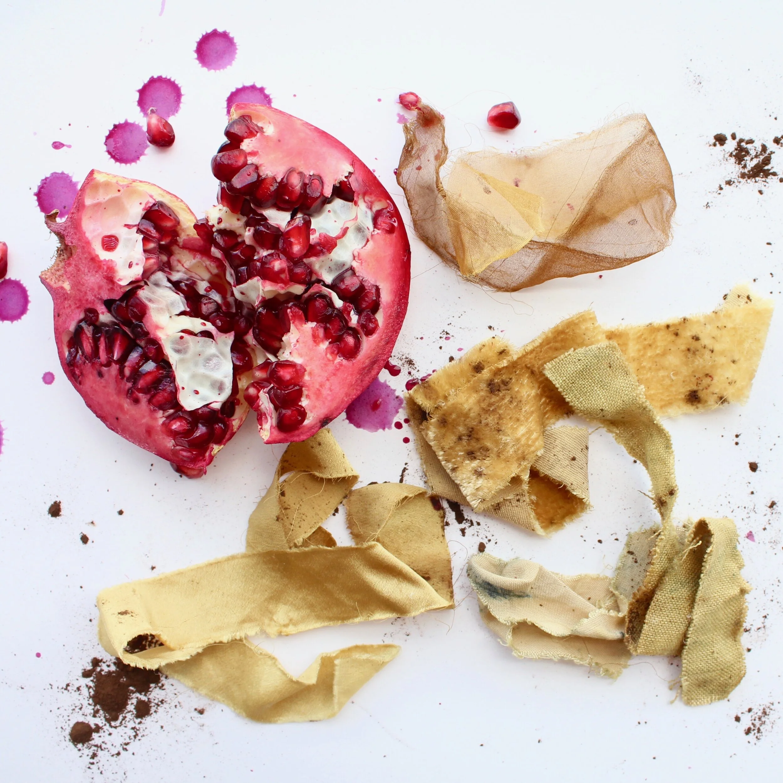 PomegranatePomegranate skins will yield gold tones to earthy army greens. It can also be used as a mordant.