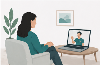 Woman attending a virtual telehealth meeting on her laptop, seated in her home office with a plant and framed picture in the background.