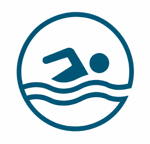 Icon of a person swimming, with water waves below, inside an oval border.