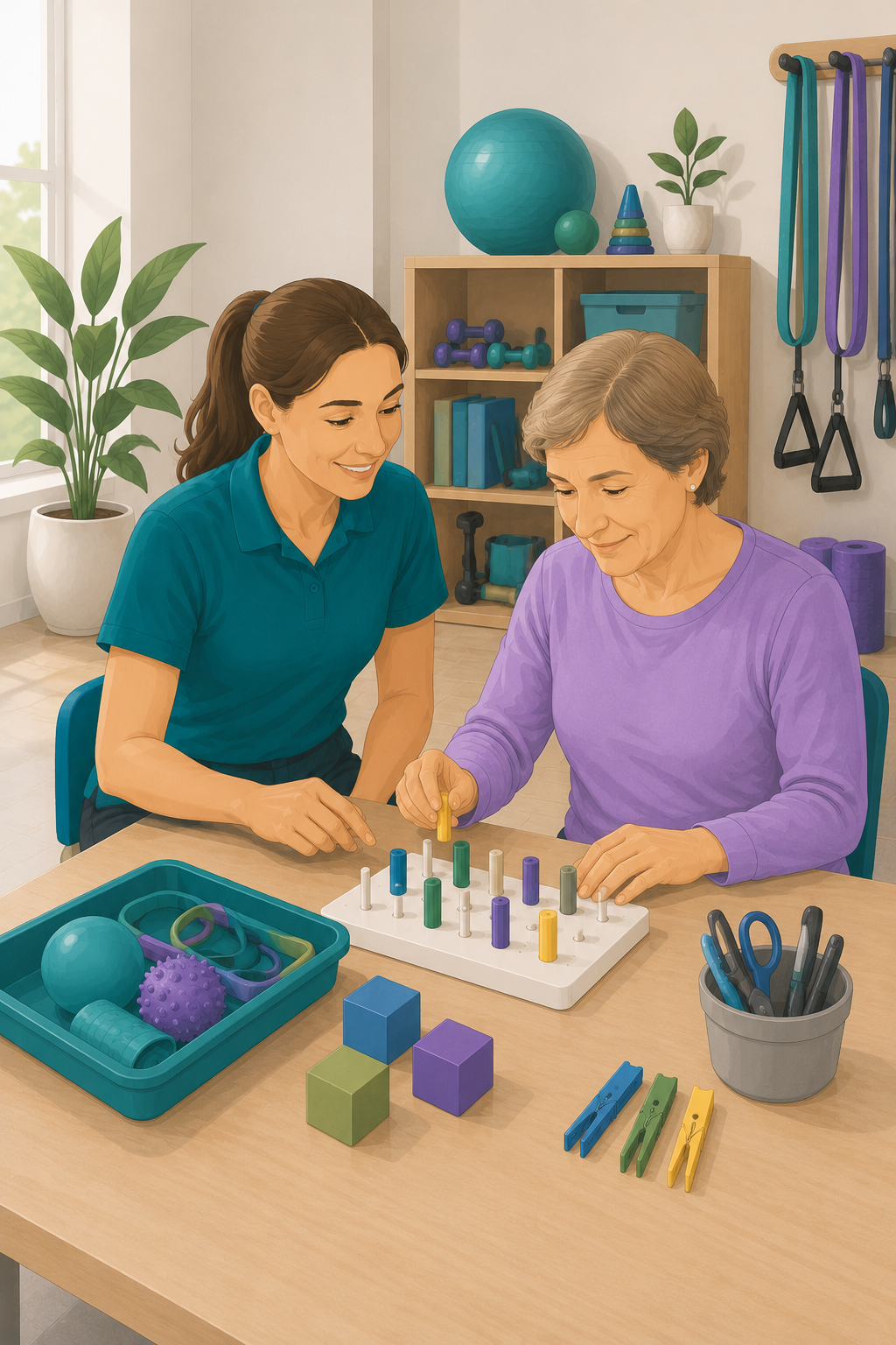 A caregiver and an elderly woman playing a sorting game with colored pegs at a therapy session in a rehabilitation center.