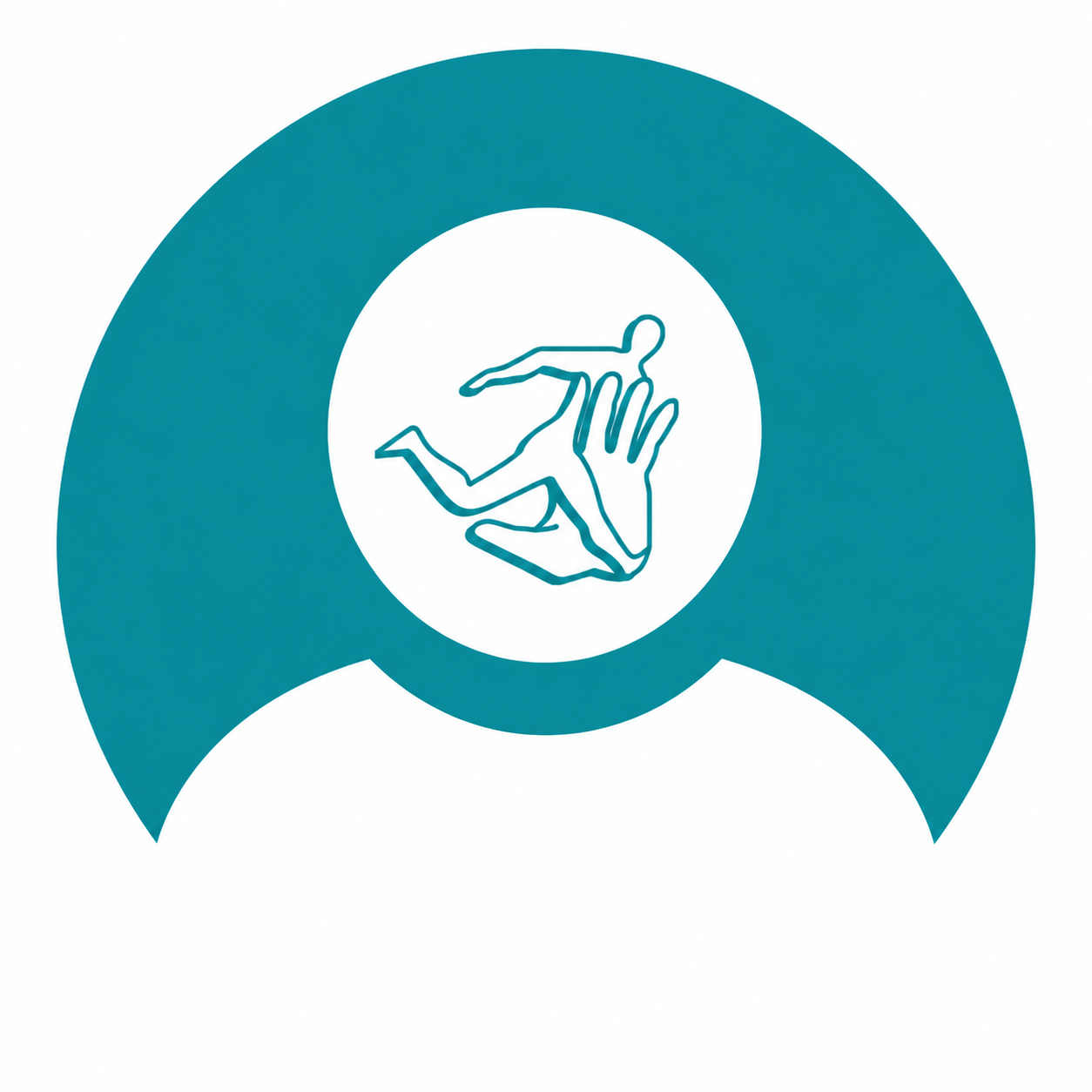 A circular logo with a teal outer ring and white background. Inside, there is a simple line drawing of a hand holding a small running person.
