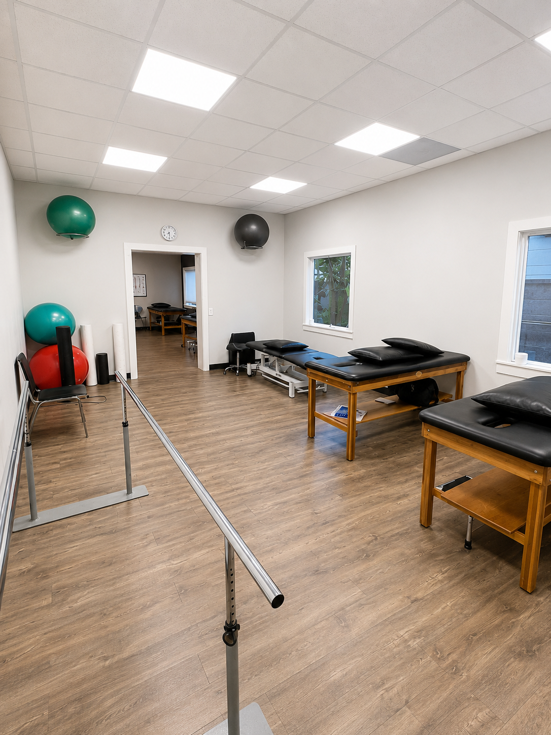 Physical therapy room with treatment tables, exercise balls, chairs, and a ballet barre along the wall.