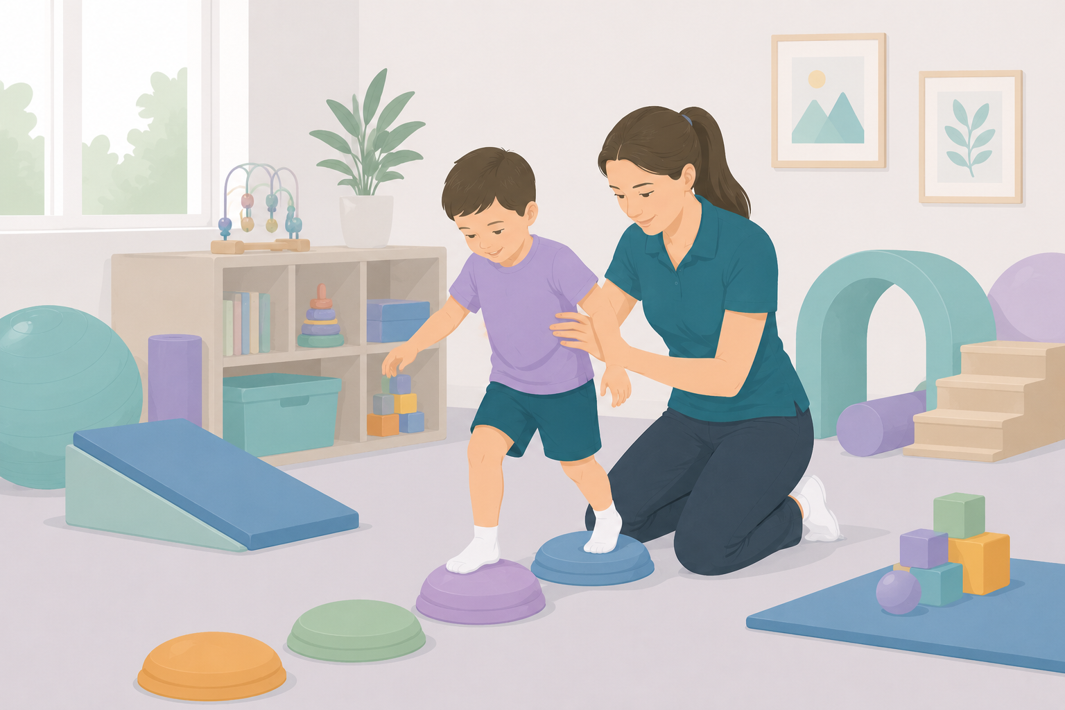 A woman helping a young boy walk on balance stairs in a therapy room filled with exercise equipment and toys.