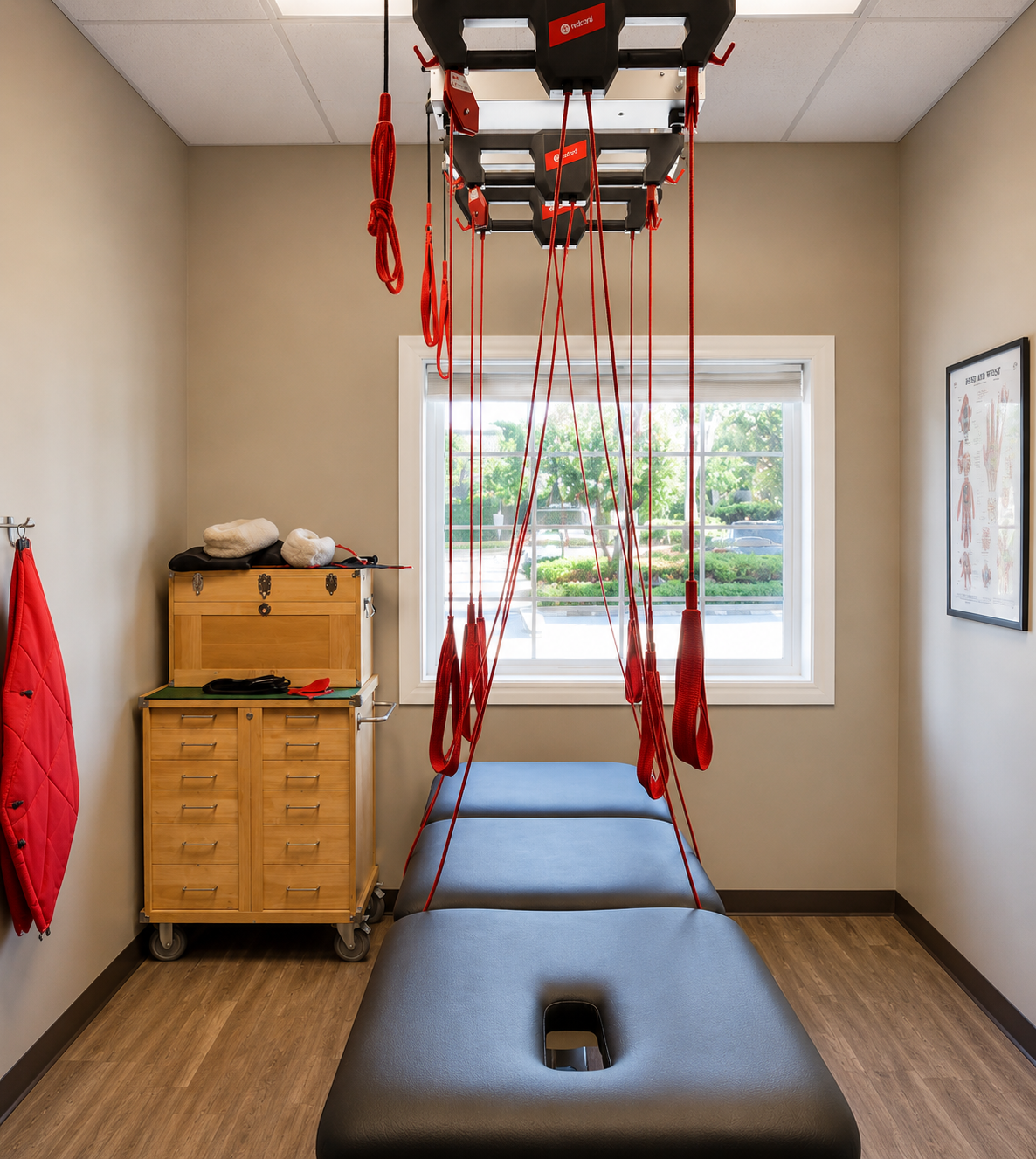 Physical therapy room with a padded treatment table, redcord suspension straps hanging from a ceiling-mounted support system, a wooden cabinet with supplies, a window with a view of green trees, and a framed anatomy chart on the wall.