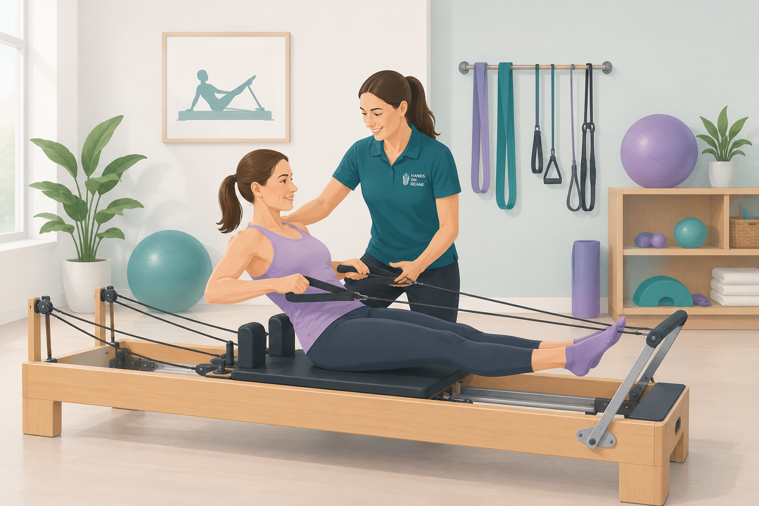 A woman performing Pilates exercises on a reformer machine in a bright, well-equipped physical therapy or Pilates studio. A trainer is assisting her. The studio has exercise equipment, plants, and artwork on the wall.
