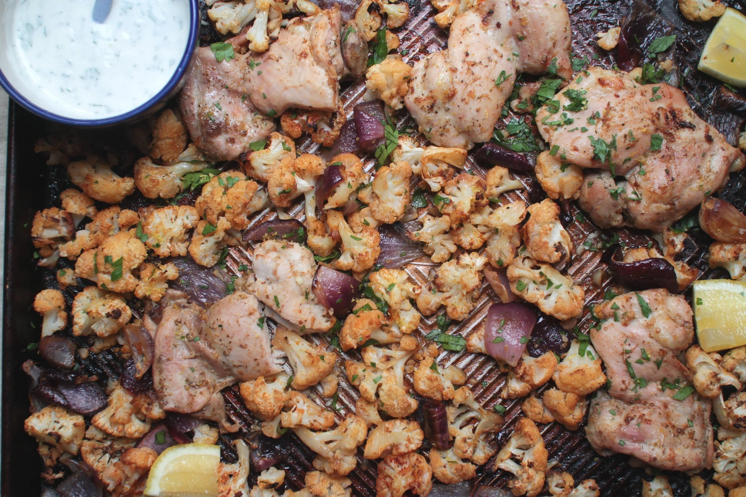 sheet pan chicken with cauliflower + herby yogurt (gf + df)