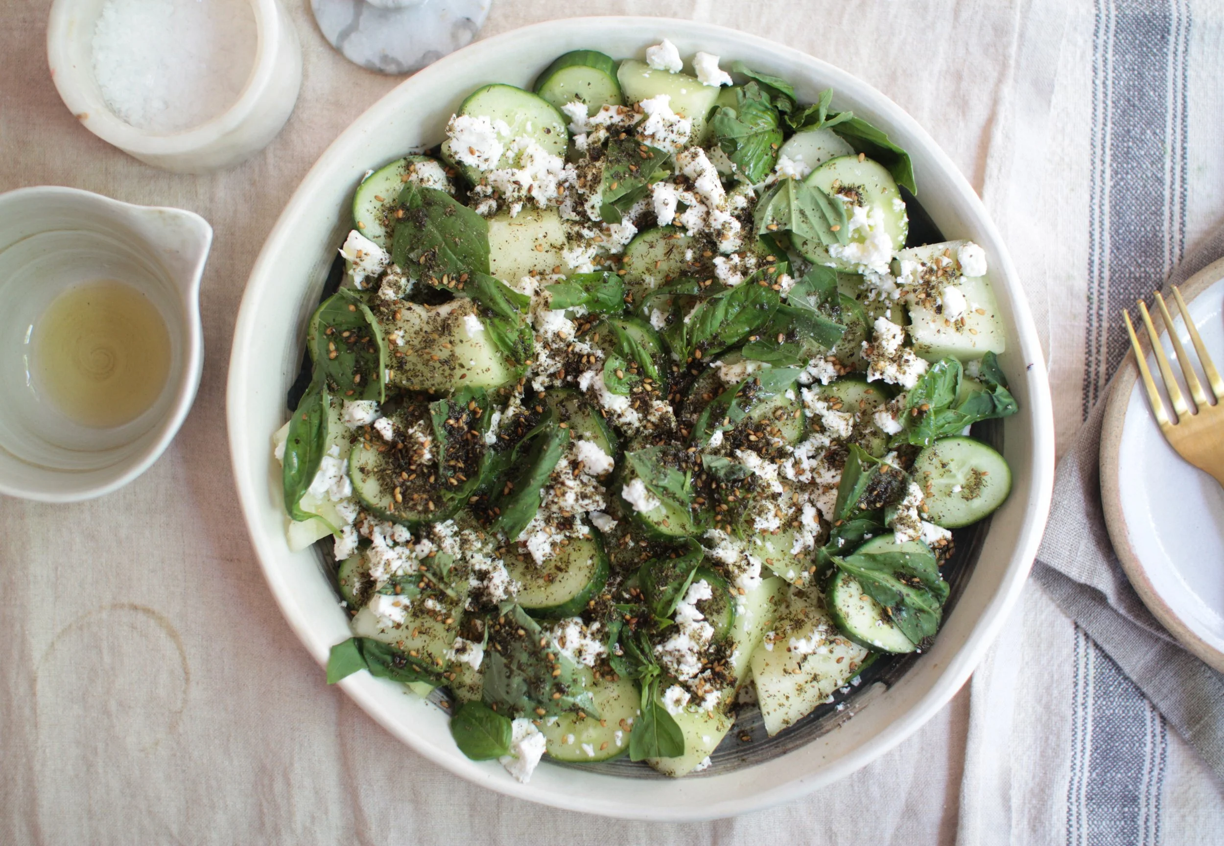cucumber and melon salad with feta, za'atar and basil