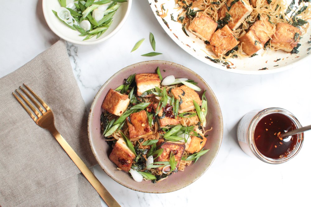 rice noodles with crispy tofu and kale (gf + df) rice noodles with crispy tofu and kale (gf + df)