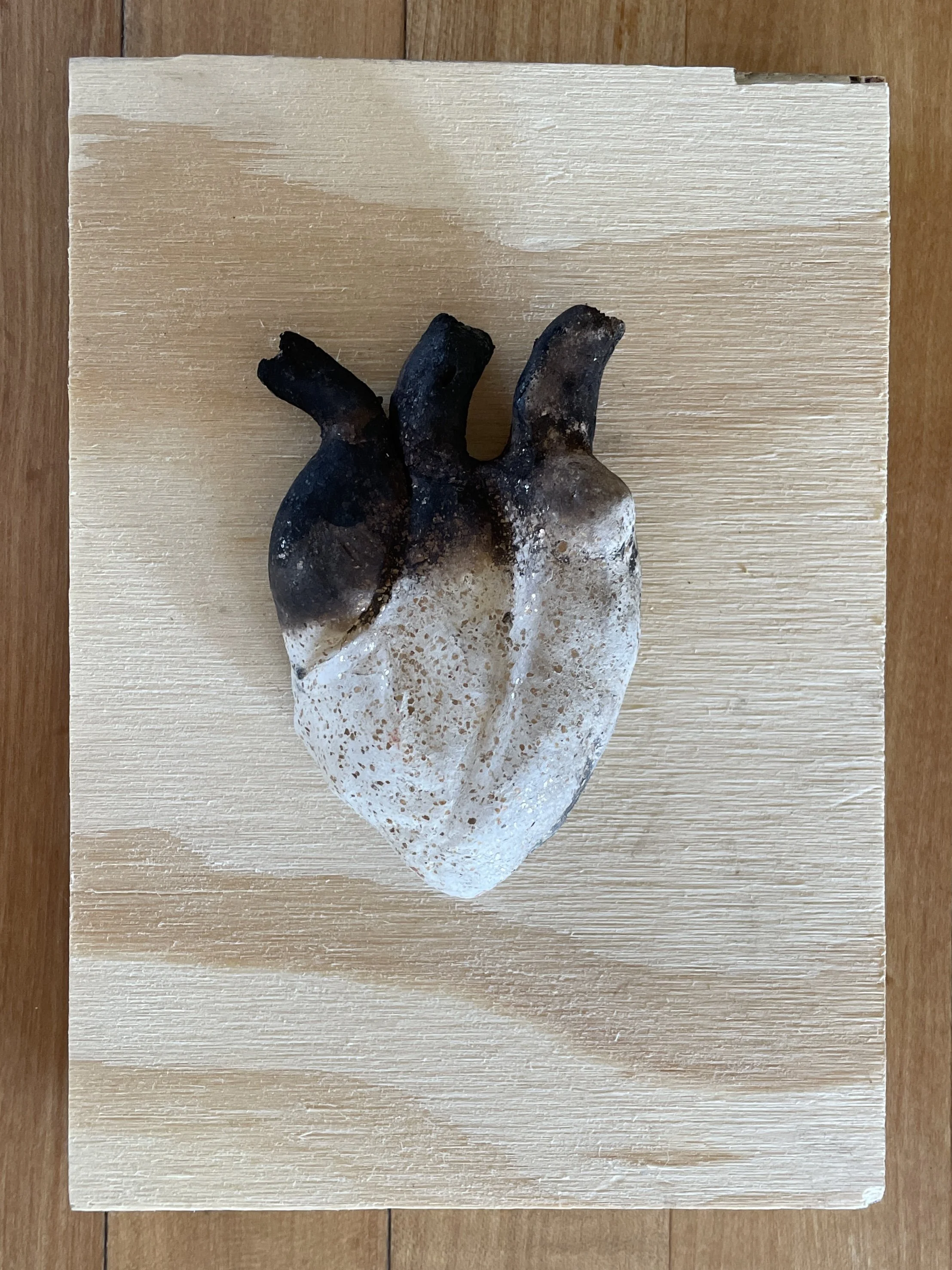 milagro 12, 2023 
New Mexican white micaceous clay and primitive fire, plywood, 5 x 7 inches, $150
