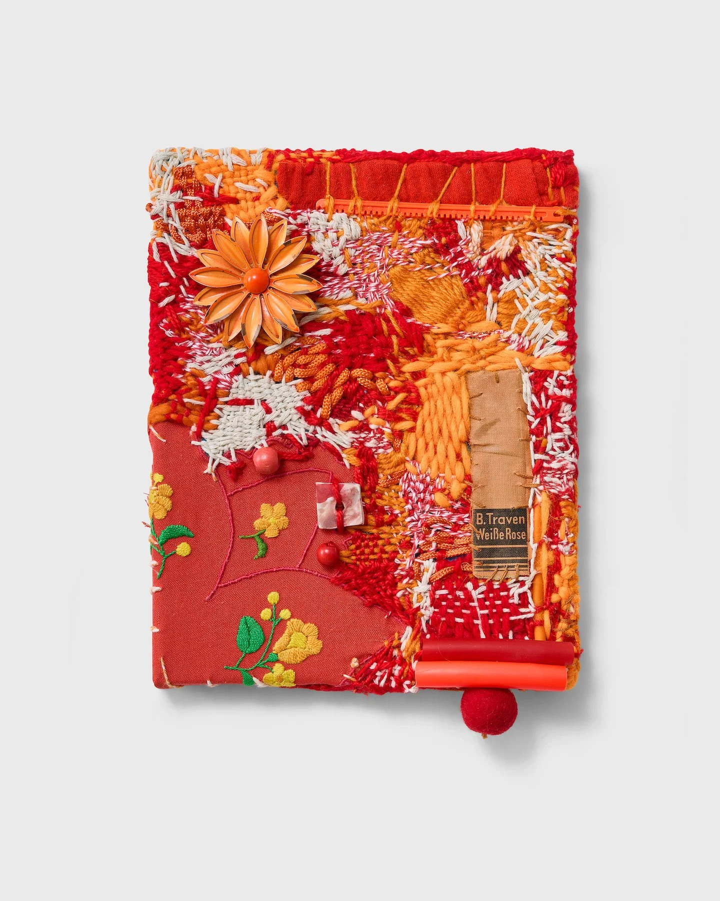 Clare Burson 
Orange Daisy/ Weisse Rose, 2025
Yarn, Beads, Thread, Found Fabric, Book Binding, Brooch
8 x 10.5 inches
$500
e-mail for inquiries: clareburson@gmail.com