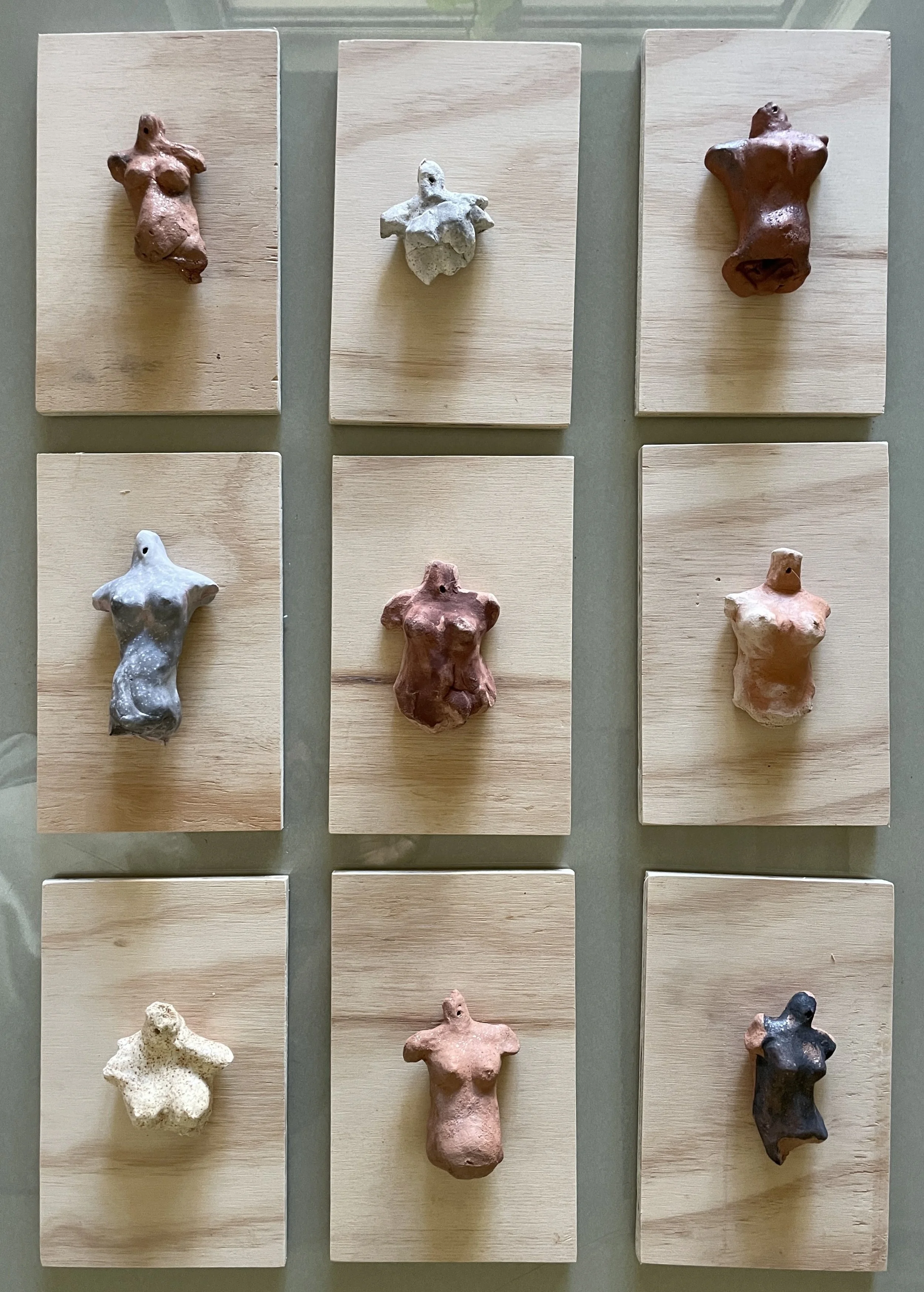 milagros, 2023 - 2026 
various clays from various places, primitive fire, plywood, 5 x 7 inches each, $150
(sold individually)