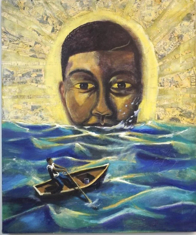 Steve Aldeus
“Lost on Ocean,” 2026
Mixed Media and Collage on Canvas  
18 x 20 inches 
e-mail for inquiries: