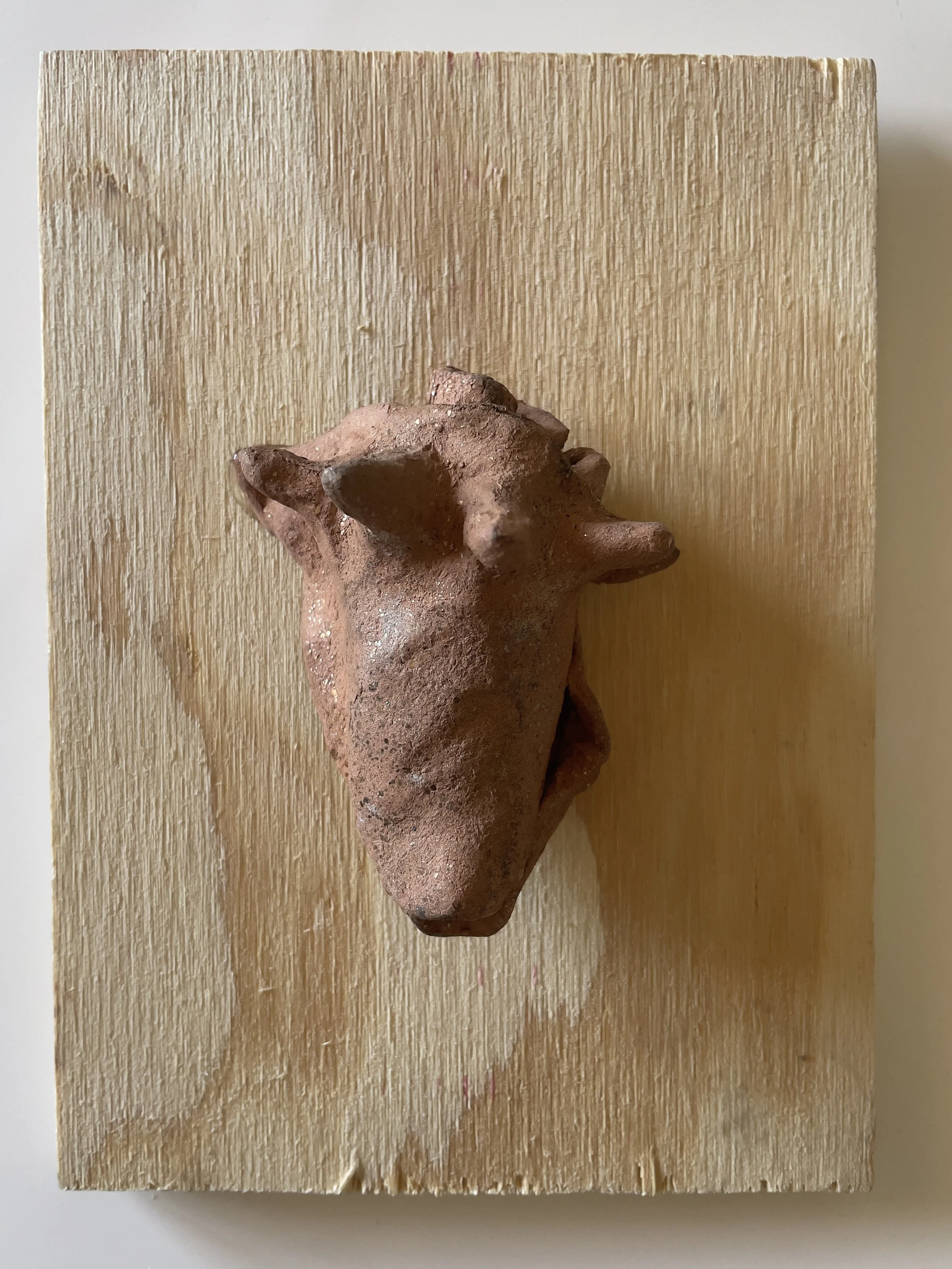 milagro 36, 2023
New Mexican micaceous red clay and primitive fire, plywood, 5 x 7 inches, $150
