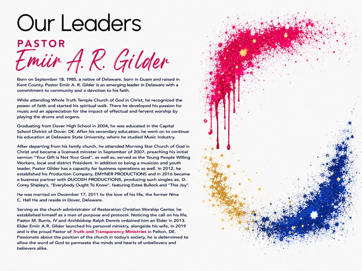 The image displays a biography of Pastor Emir A. R. Gilder, highlighting his background, education, career, and achievements, along with colorful abstract art in pink, gold, and blue on the right side.