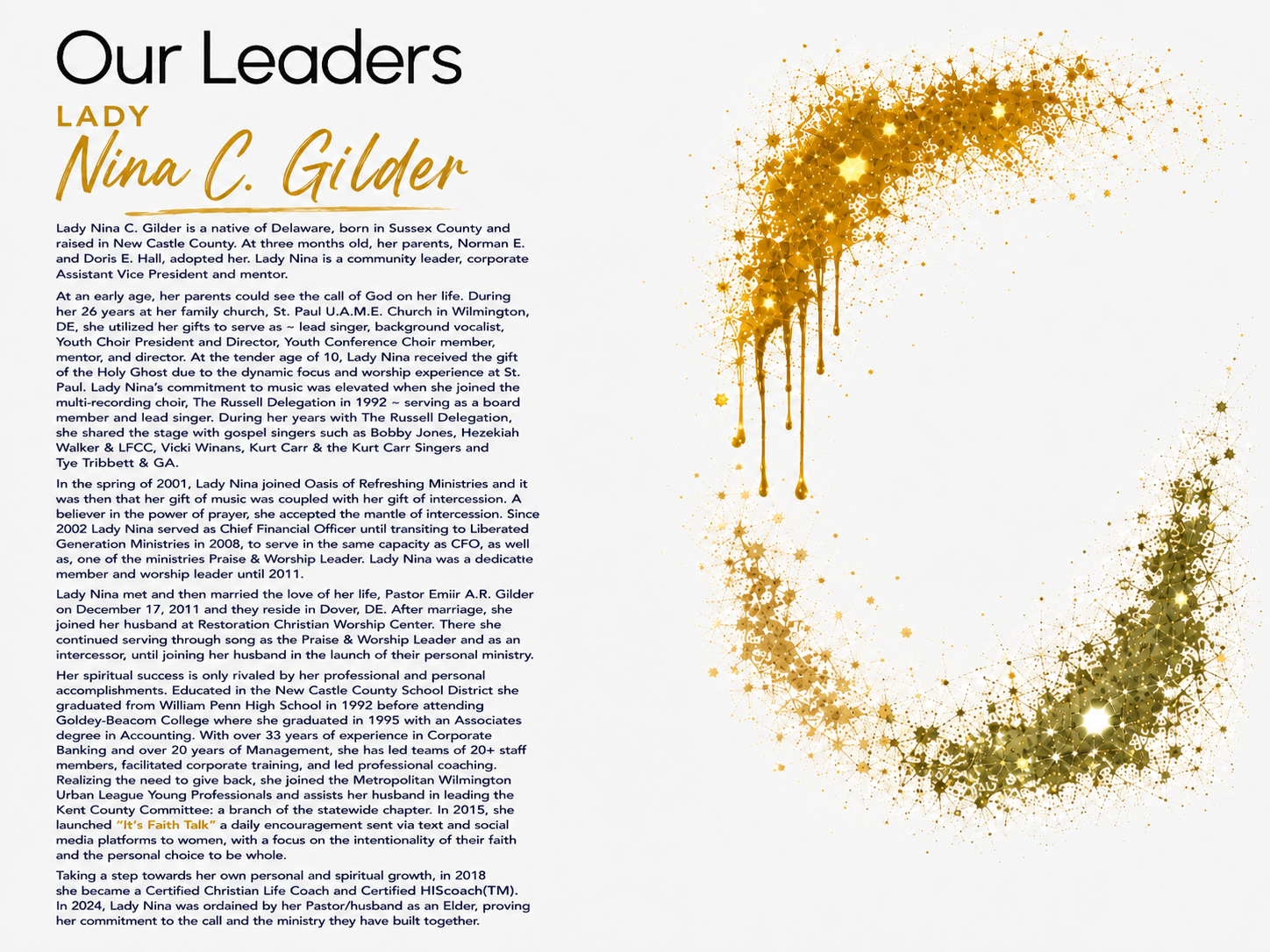 Text introduction about Lady Nina C. Gilder and her achievements, with a decorative gold halo or wreath design made of stars and splashes on the right side.