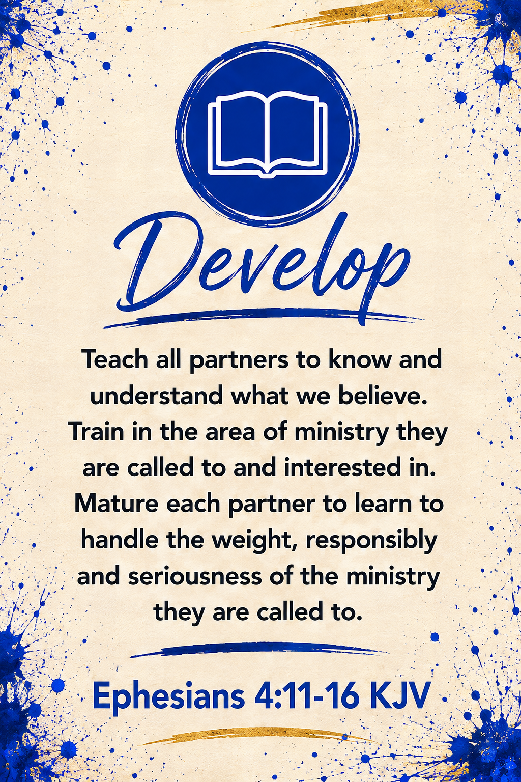 Bible verse about developing faith, with a blue open book icon at the top, surrounded by blue and gold paint splatter design.