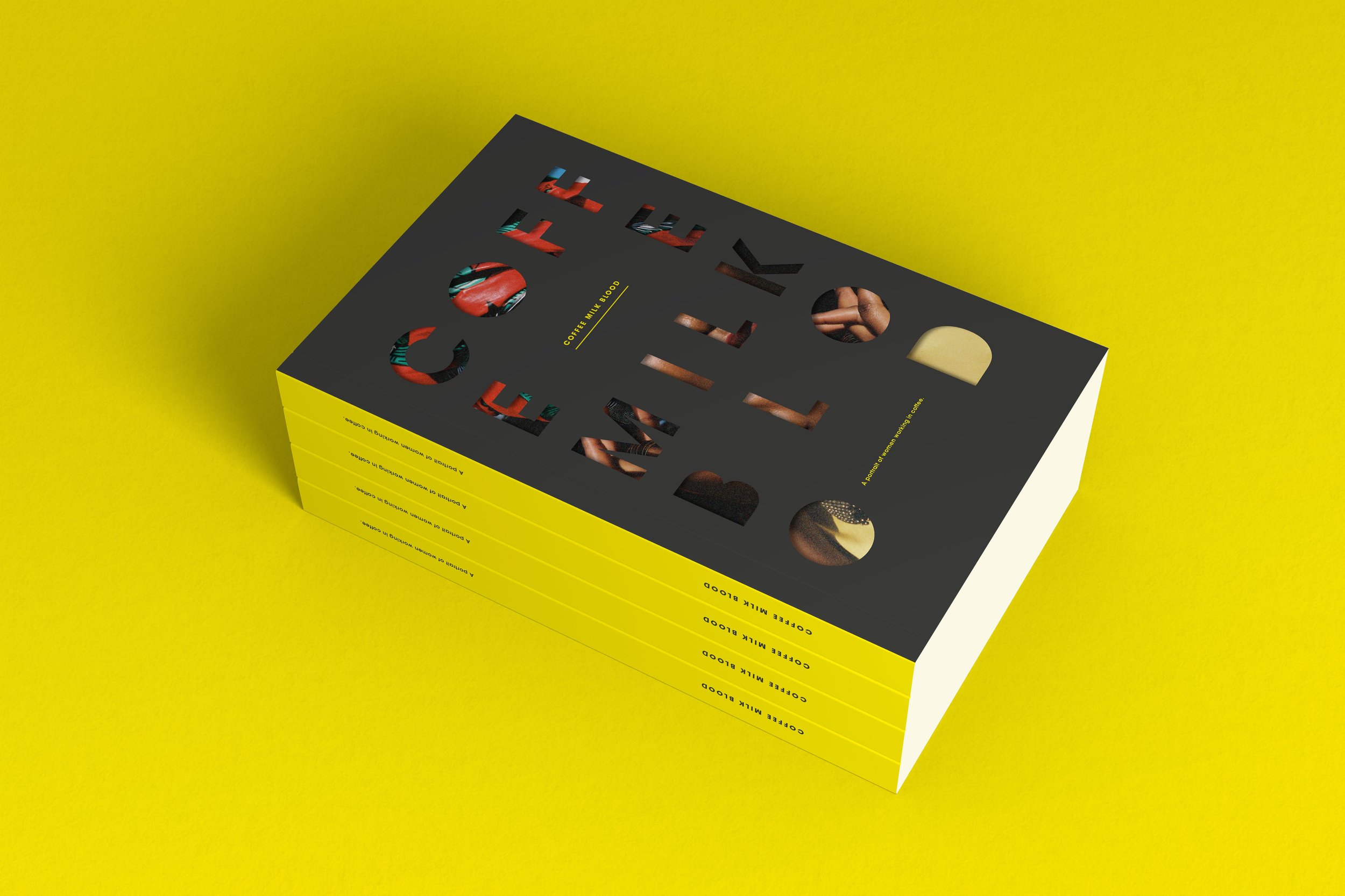 stack of "Coffee Milk Blood" books on yellow background