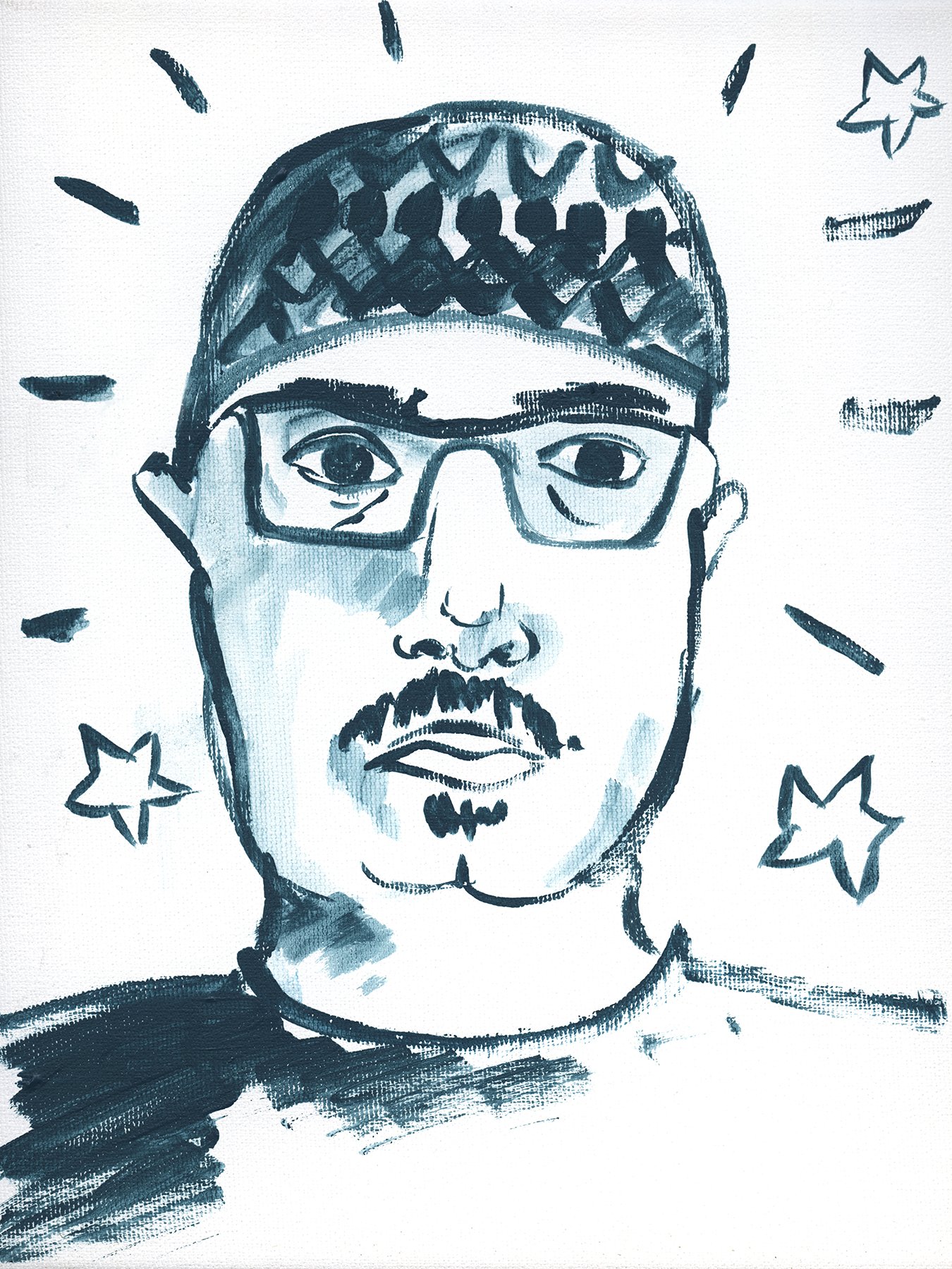 A monochrome sketch of a man with glasses, a beard, and a patterned hat. Stars and streaks are drawn around his head.