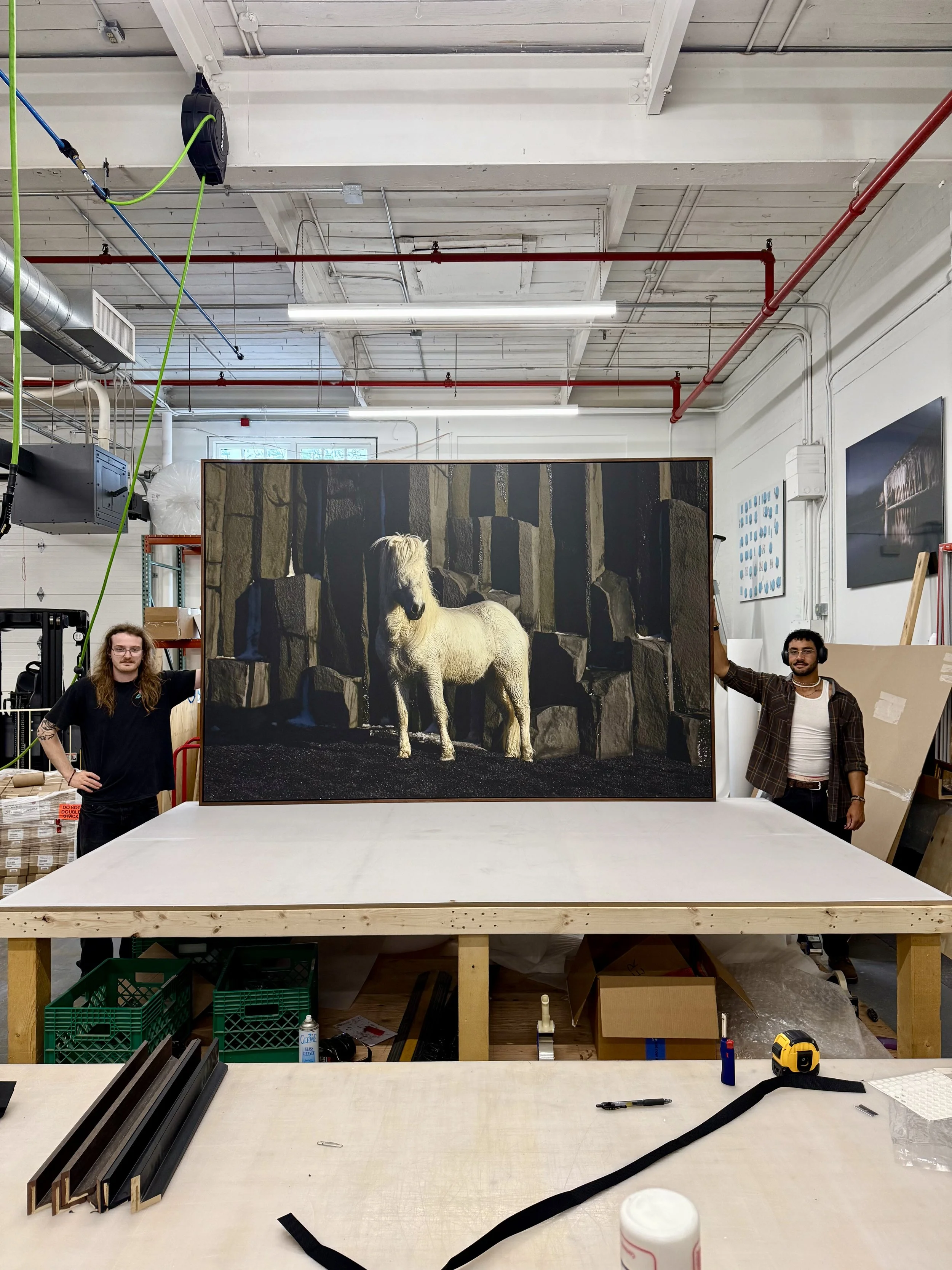 A workshop with a large framed image of a white horse standing on rocky terrain against a stone wall background. Two people are standing behind the frame, one on each side, with the person on the left wearing glasses and a black T-shirt, and the pers