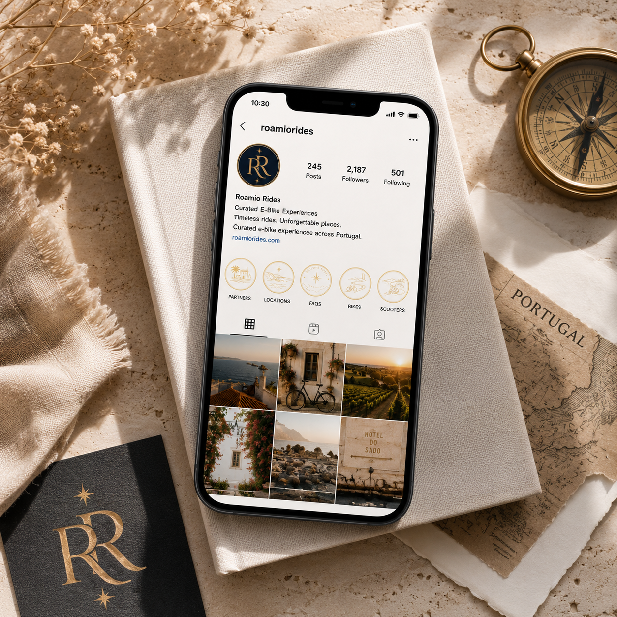 Custom social media branding for Roamio Rides, featuring an Instagram profile with editorial branding, custom highlight icons, and luxury Portugal travel identity designed by IYHTVDesigns.