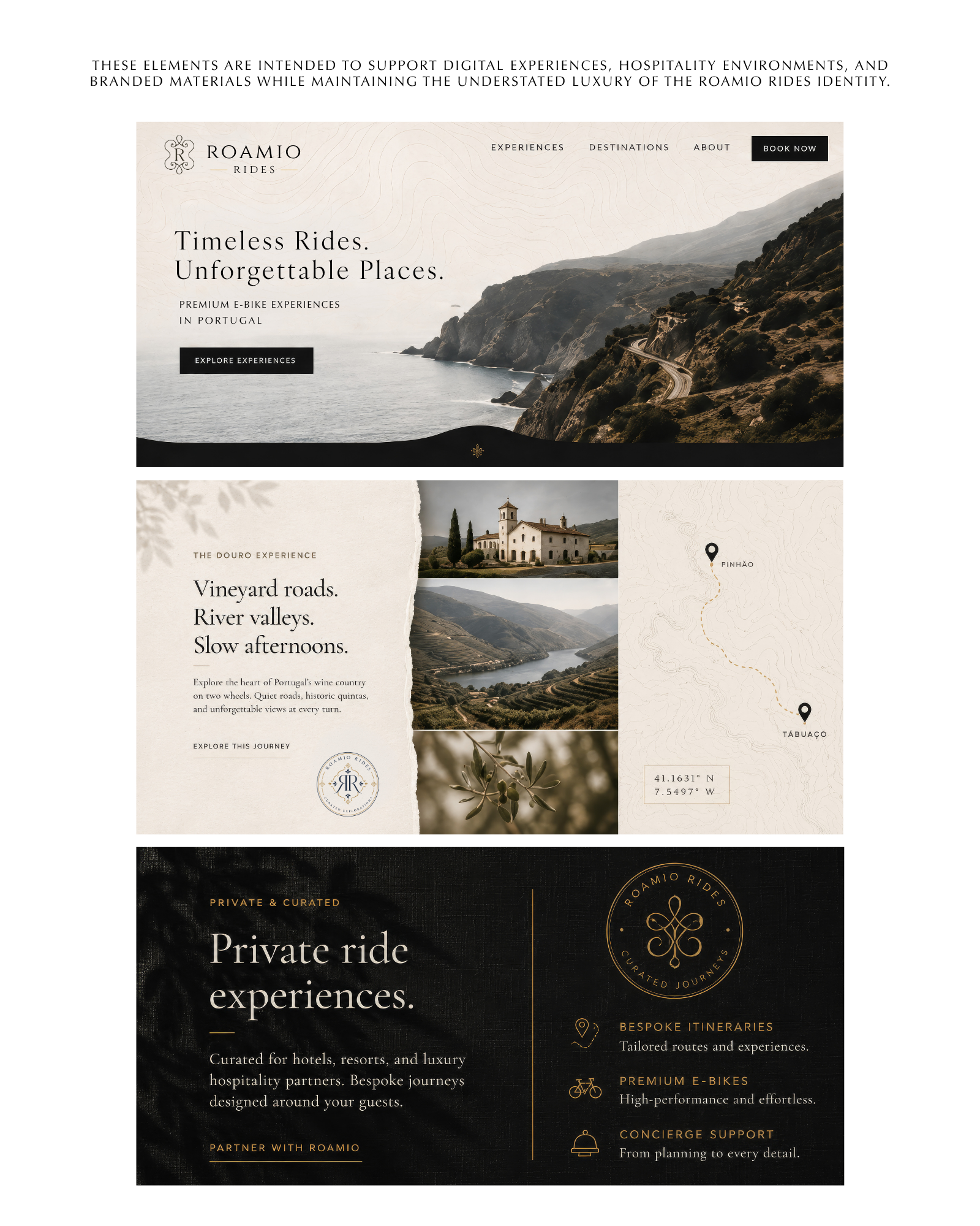 Brand identity applications for Roamio Rides featuring luxury website concepts, user interface designs, editorial layouts, maps, and digital marketing assets for a premium travel and hospitality brand.
