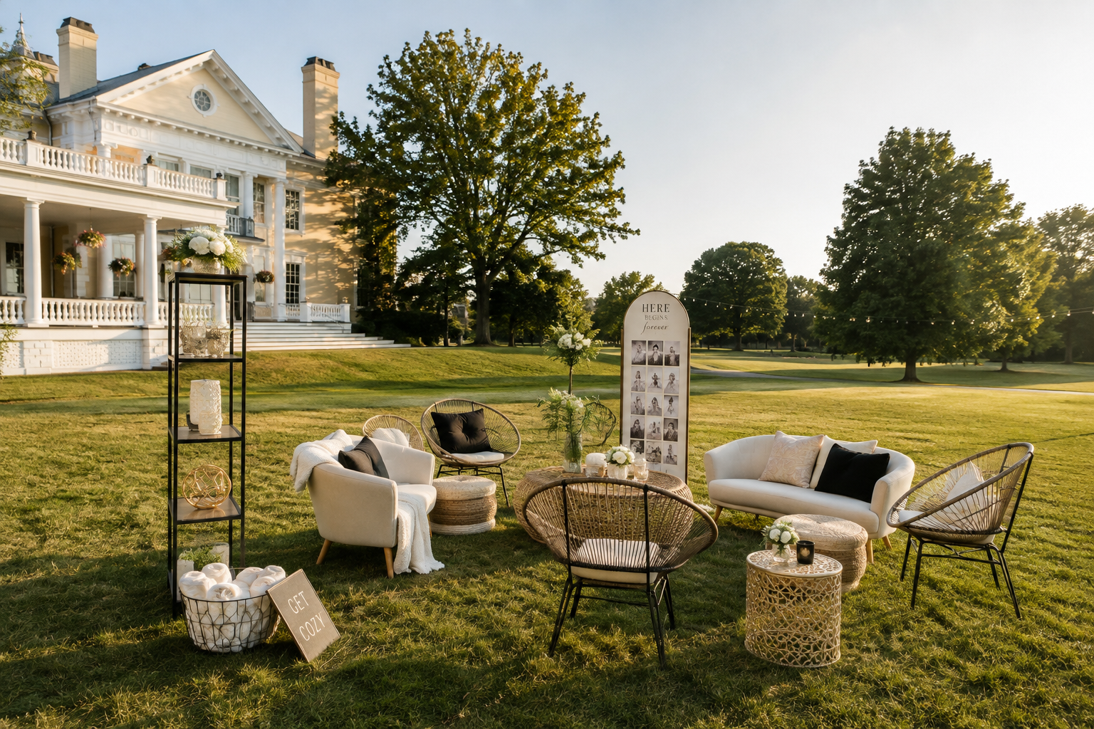Large-scale custom event signage integrated into an outdoor lounge setting with seating, floral details and surrounding architecture, showing how graphic design becomes part of the physical event environment.