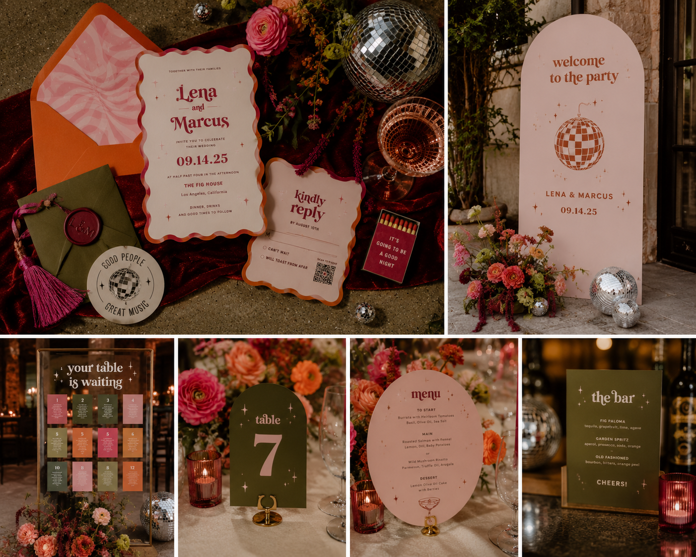 Coordinated wedding invitation, welcome sign, seating chart, table number, menu and bar signage showing how one visual identity carries throughout a wedding celebration.