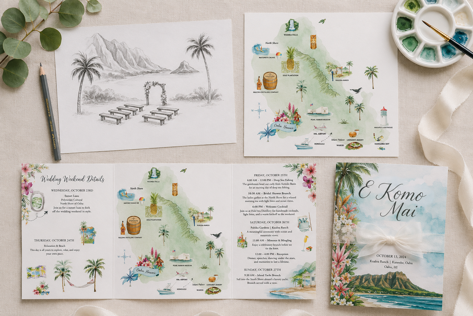 Custom Hawaii destination wedding invitation design process featuring the original pencil venue sketch, finished illustrated Oahu weekend map, and completed tri-fold wedding invitation suite with watercolor artwork, itinerary, and travel-inspired det