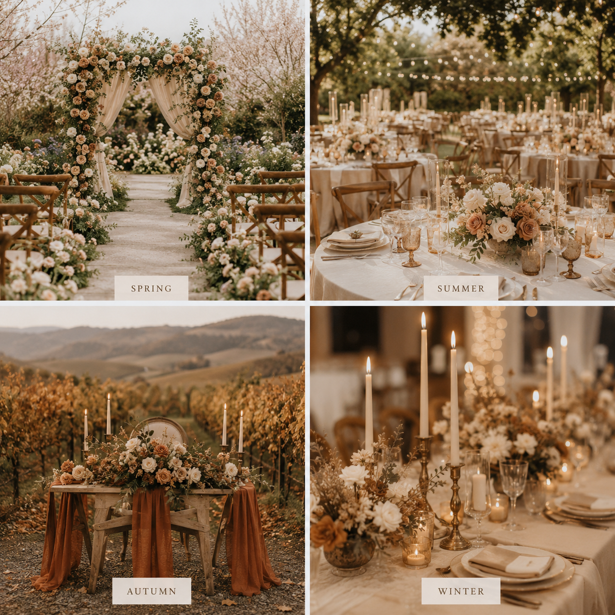 Four seasonal wedding inspiration scenes featuring a spring garden ceremony, summer outdoor reception, autumn vineyard tablescape, and winter candlelit reception, all styled in warm neutral colours.