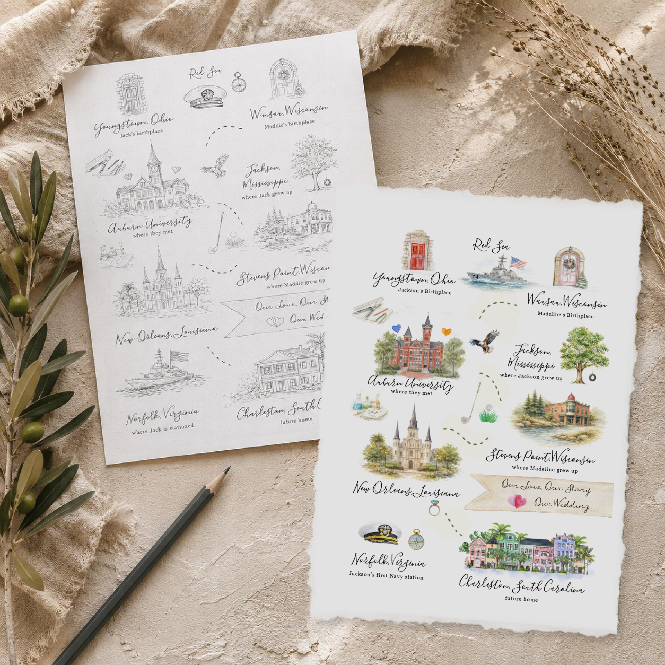 Hand-drawn Love Story Map showing the illustration process from pencil sketch to finished watercolor artwork, featuring custom landmark illustrations created for a personalized wedding invitation suite.