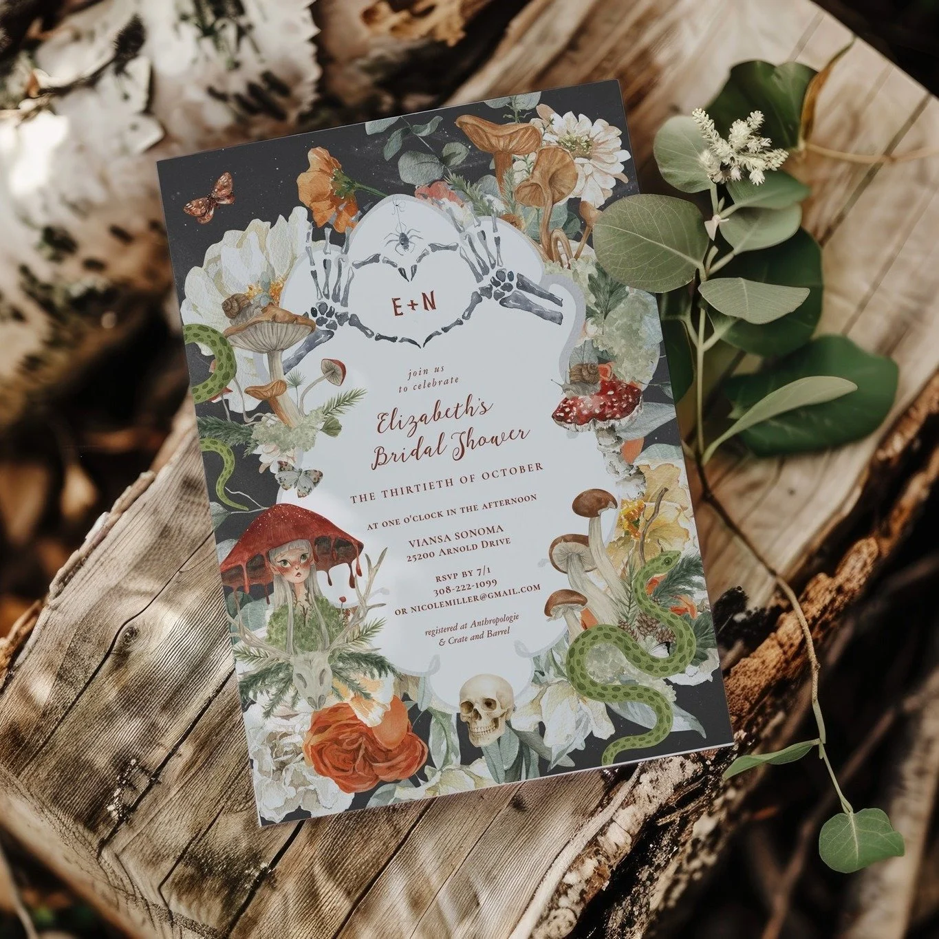 Whimsical gothic bridal shower invitation with mushrooms, florals, skull, and hand-drawn illustrations by IYHTVDesigns