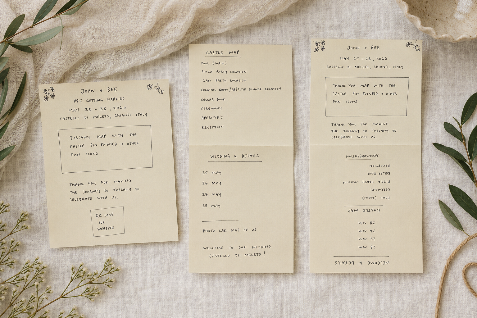 Flat lay of original handwritten concept sketches for a custom illustrated destination wedding suite, showing the planning process for a bespoke Castello di Meleto wedding itinerary, venue map, and wedding weekend stationery.