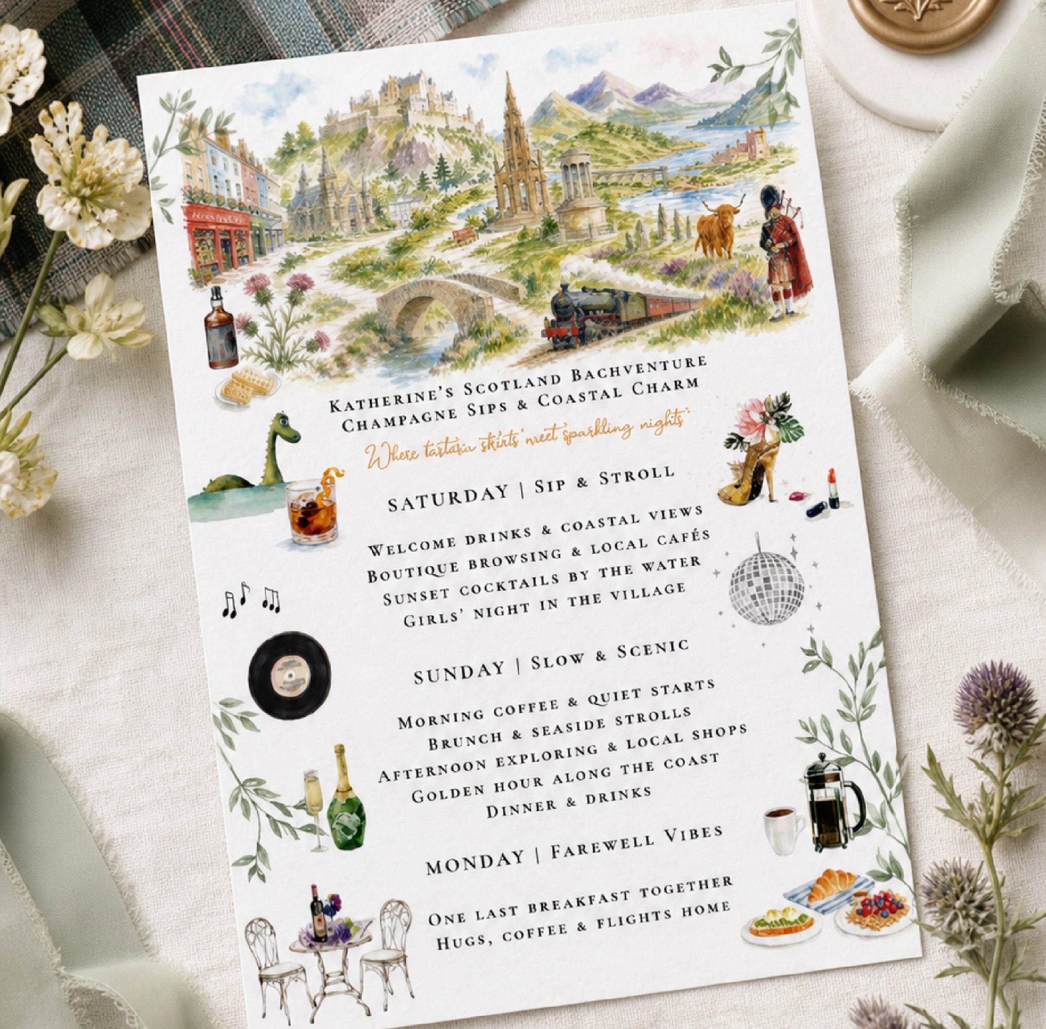 Illustrated Scotland bachelorette weekend itinerary featuring a custom hand-painted travel guide with iconic Scottish landmarks, castles, Highland scenery, local attractions, dining suggestions, and personalized weekend plans for a memorable girls' g