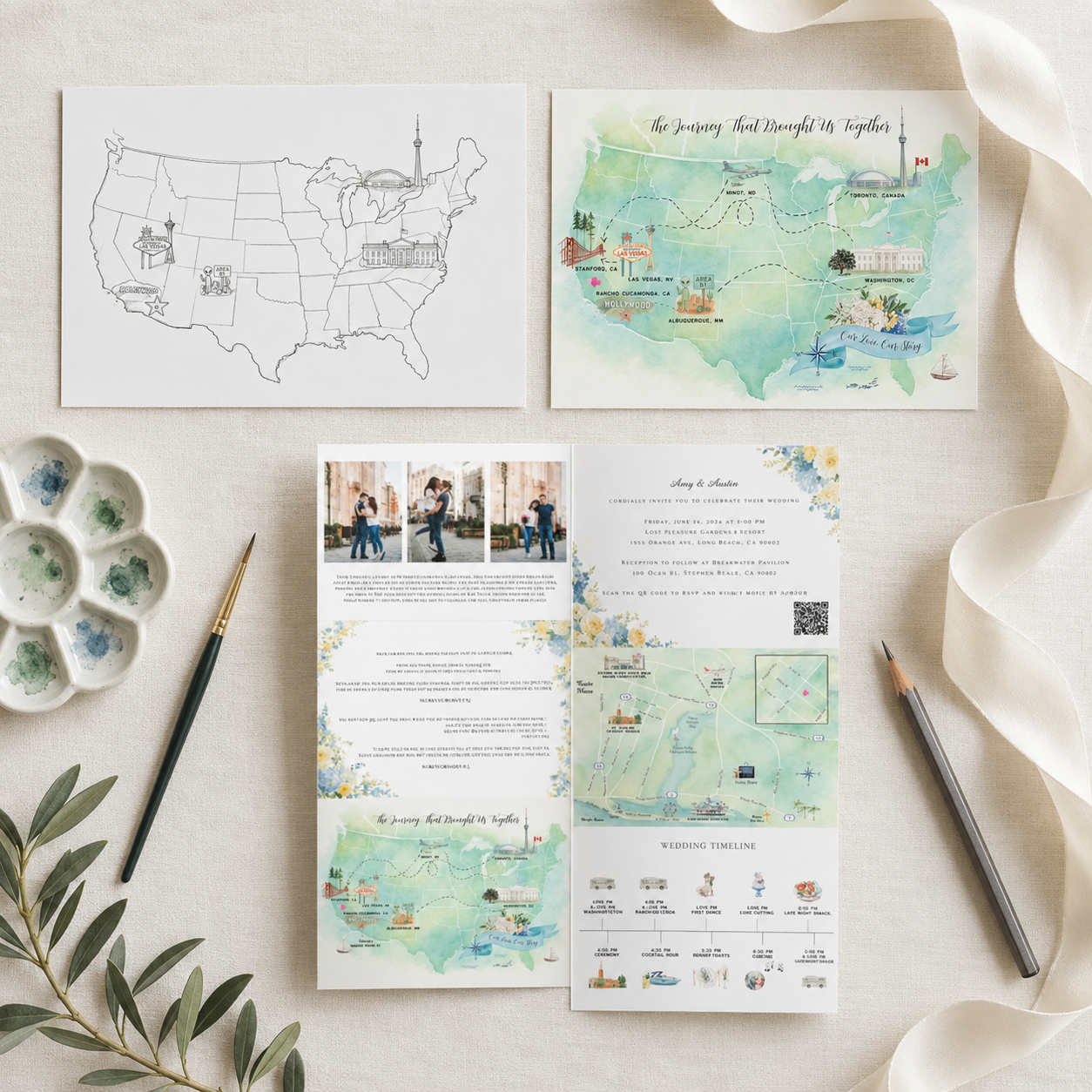 Custom Newport Beach wedding invitation design process featuring the original pencil sketch, finished watercolor Love Story map, and completed tri-fold invitation with illustrated map, timeline, and wedding weekend details displayed in an editorial f