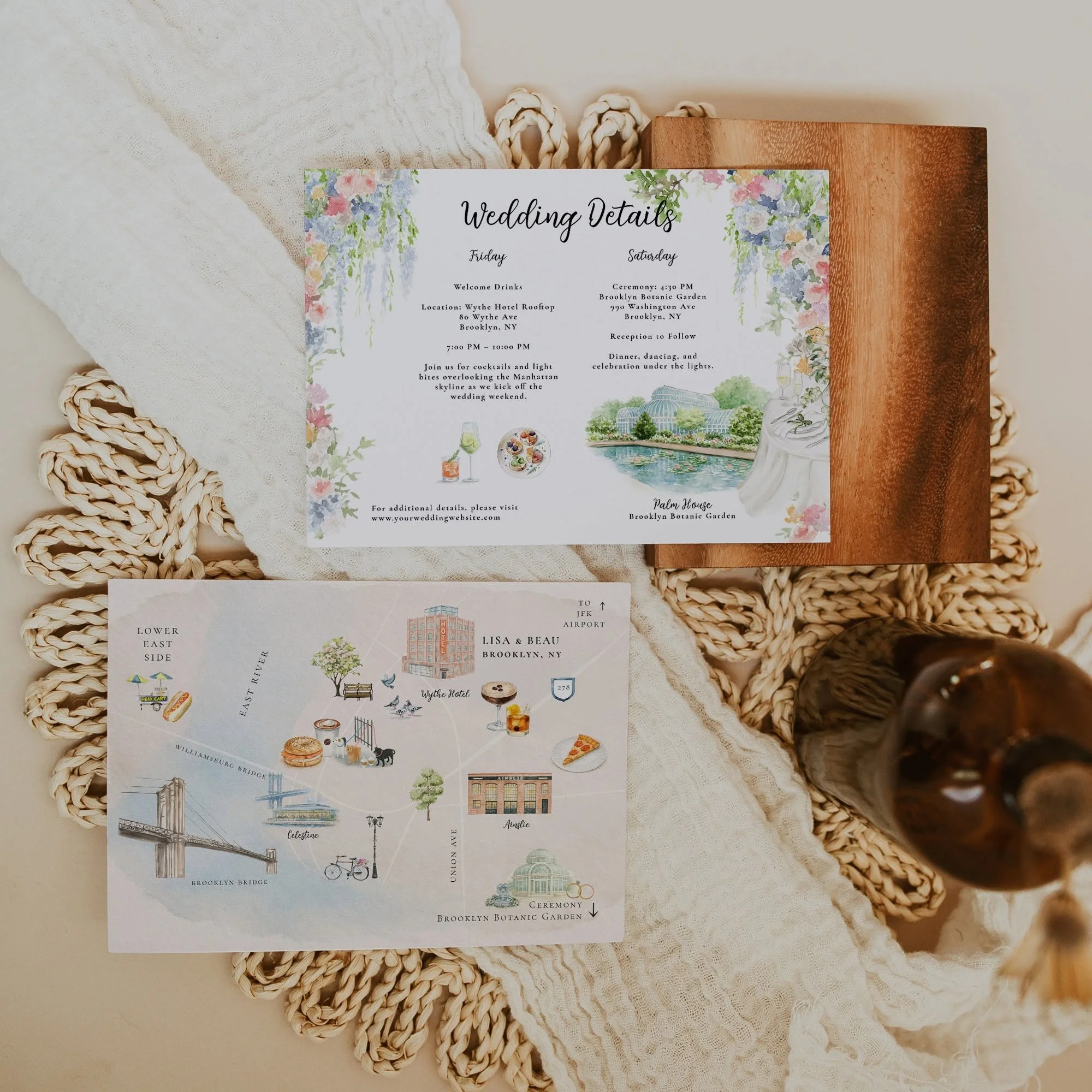 Custom illustrated Brooklyn wedding itinerary paired with a hand-painted guest map featuring local landmarks, venue illustrations, and weekend recommendations.