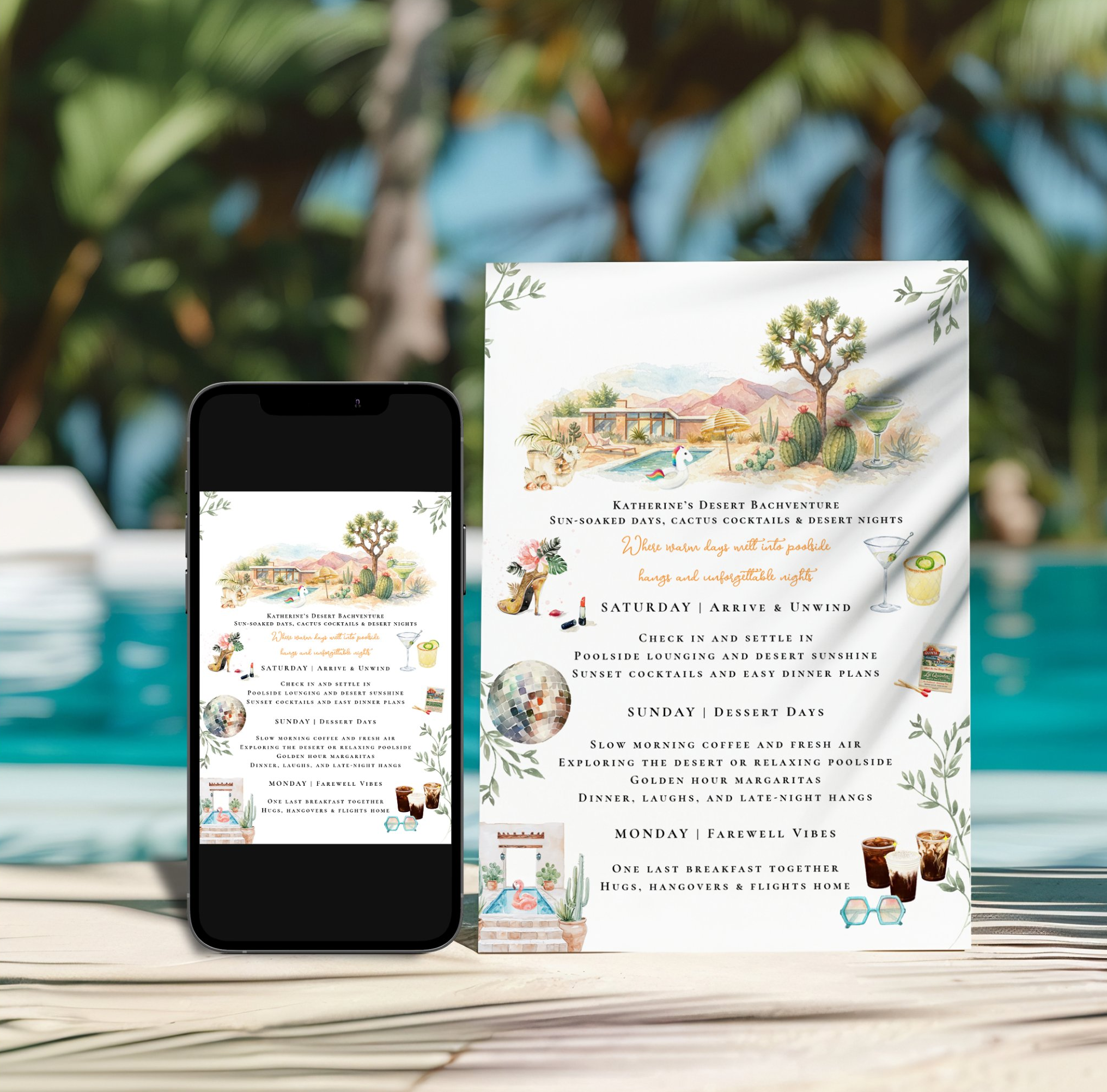 Illustrated desert bachelorette weekend itinerary featuring a custom Palm Springs-inspired travel guide with a hand-painted desert resort, Joshua tree, cacti, cocktails, poolside scenes, and personalized weekend schedule. Displayed in both print and 