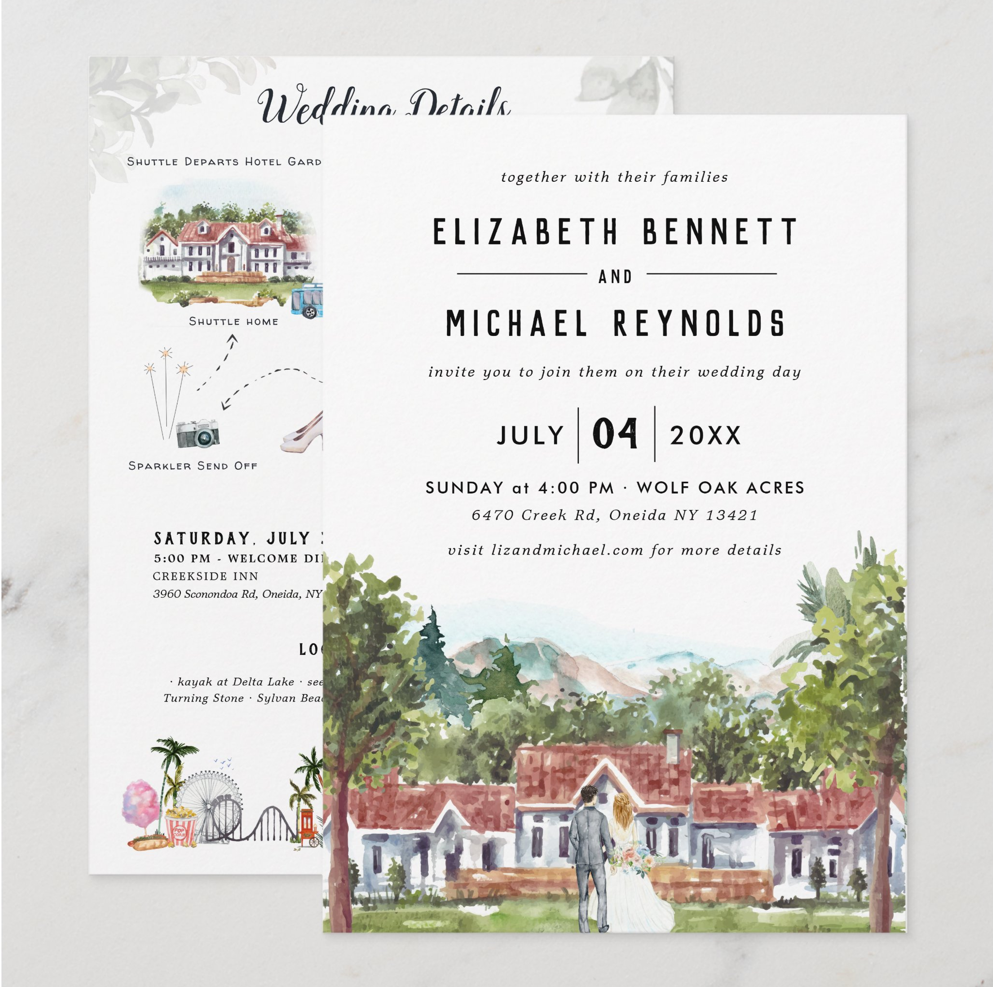 Illustrated wedding invitation paired with a matching wedding weekend itinerary featuring custom venue artwork, maps, and personalized event details.