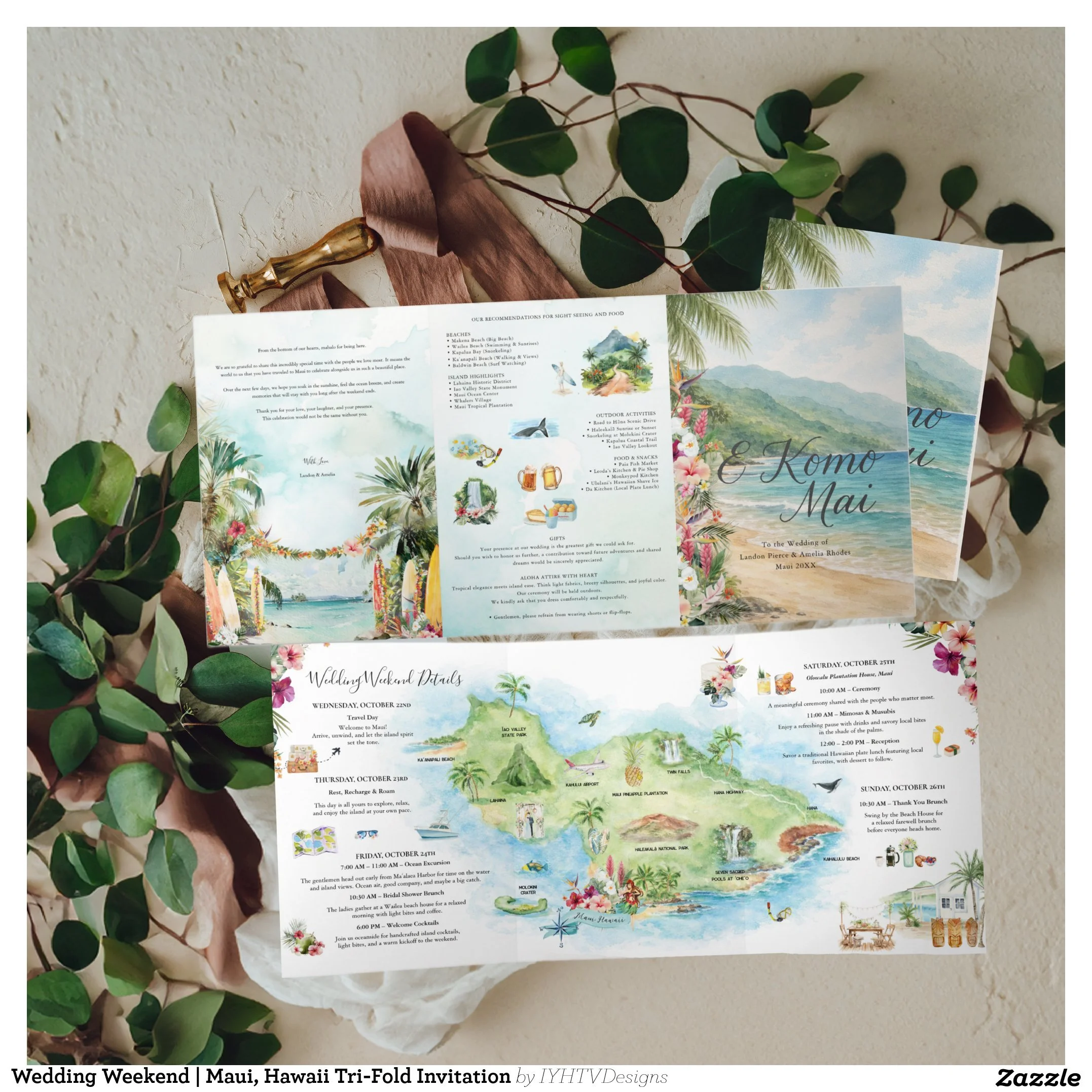 Maui Hawaii Destination Wedding Watercolor Map Invitation