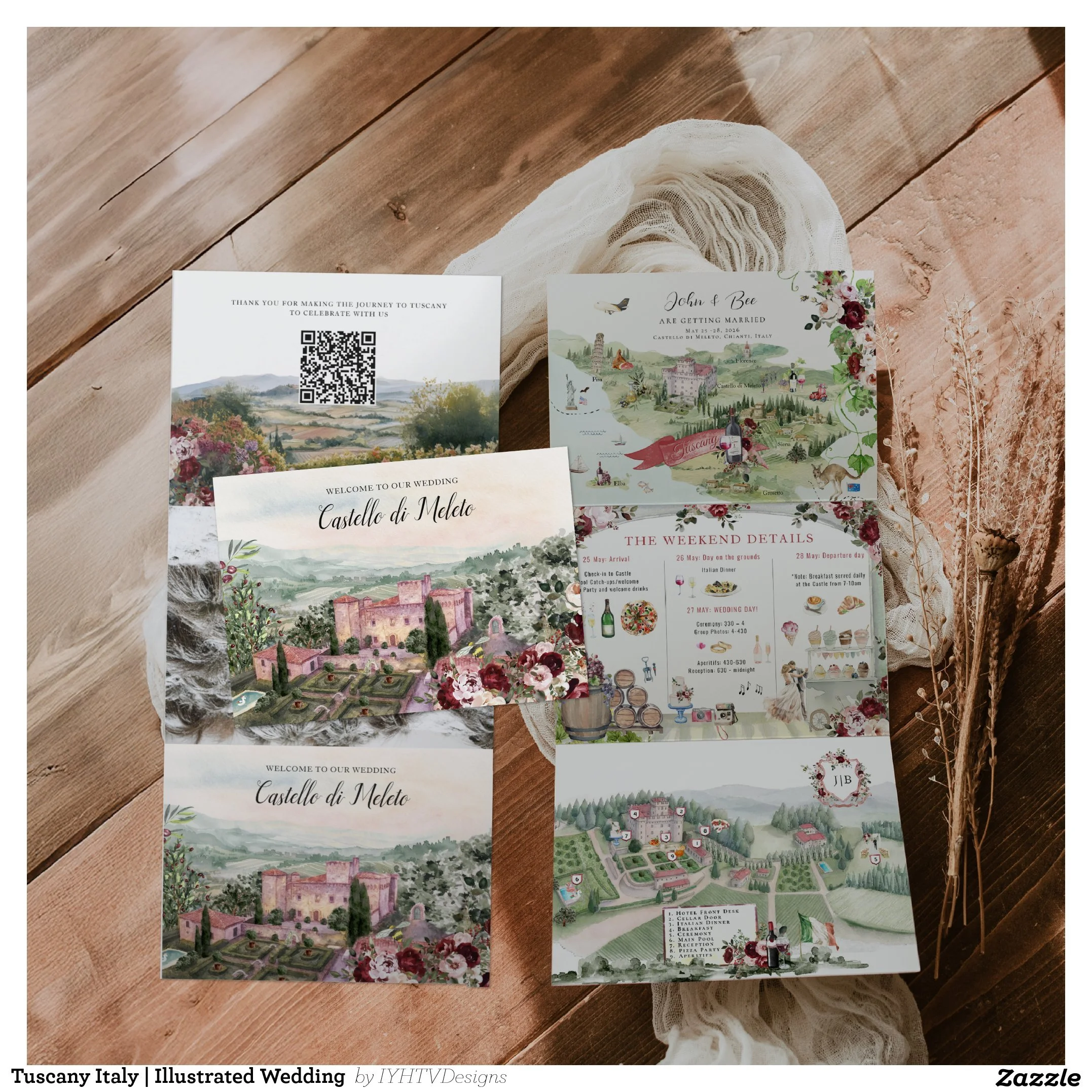Tuscany Italy Destination Wedding Watercolor Map Invitation Suite