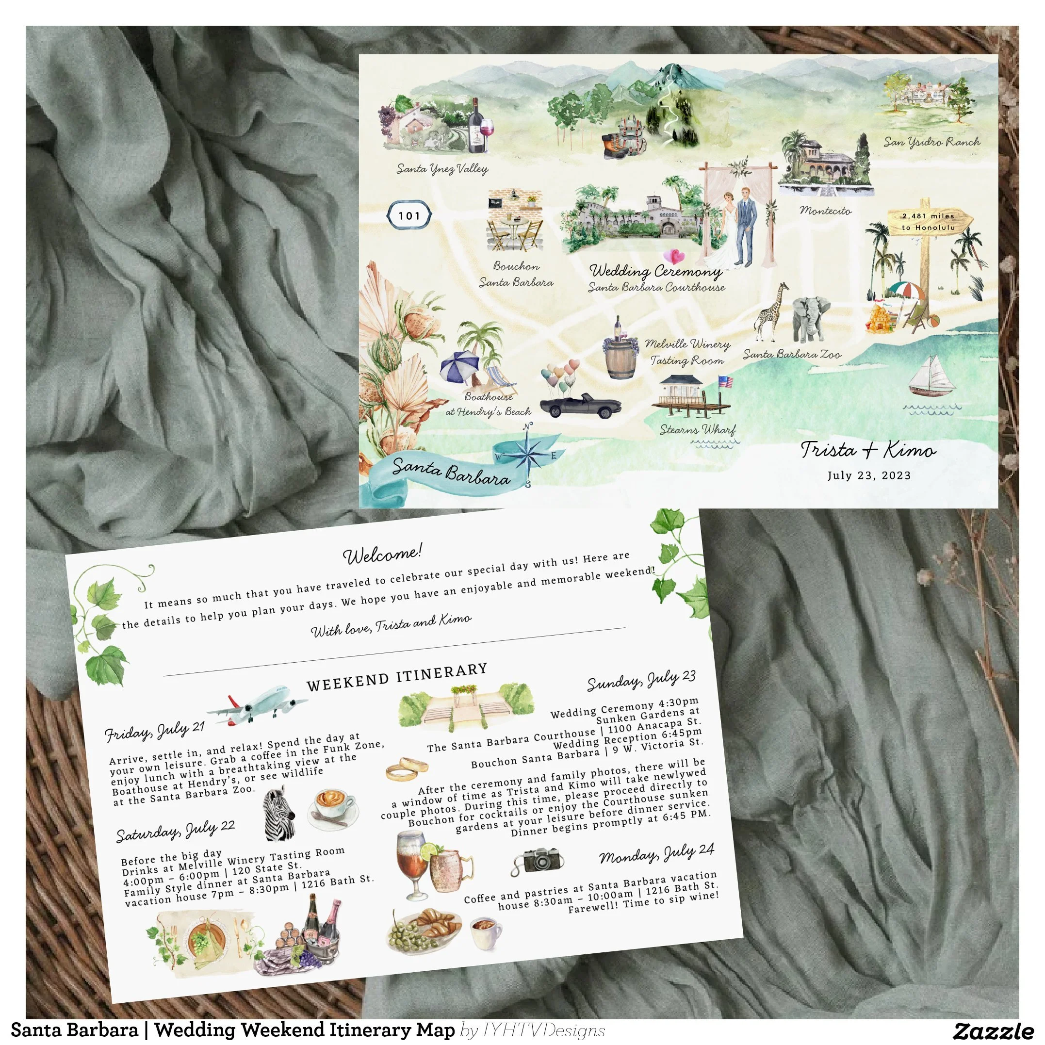 Santa Barbara California Watercolor Wedding Weekend Itinerary Map