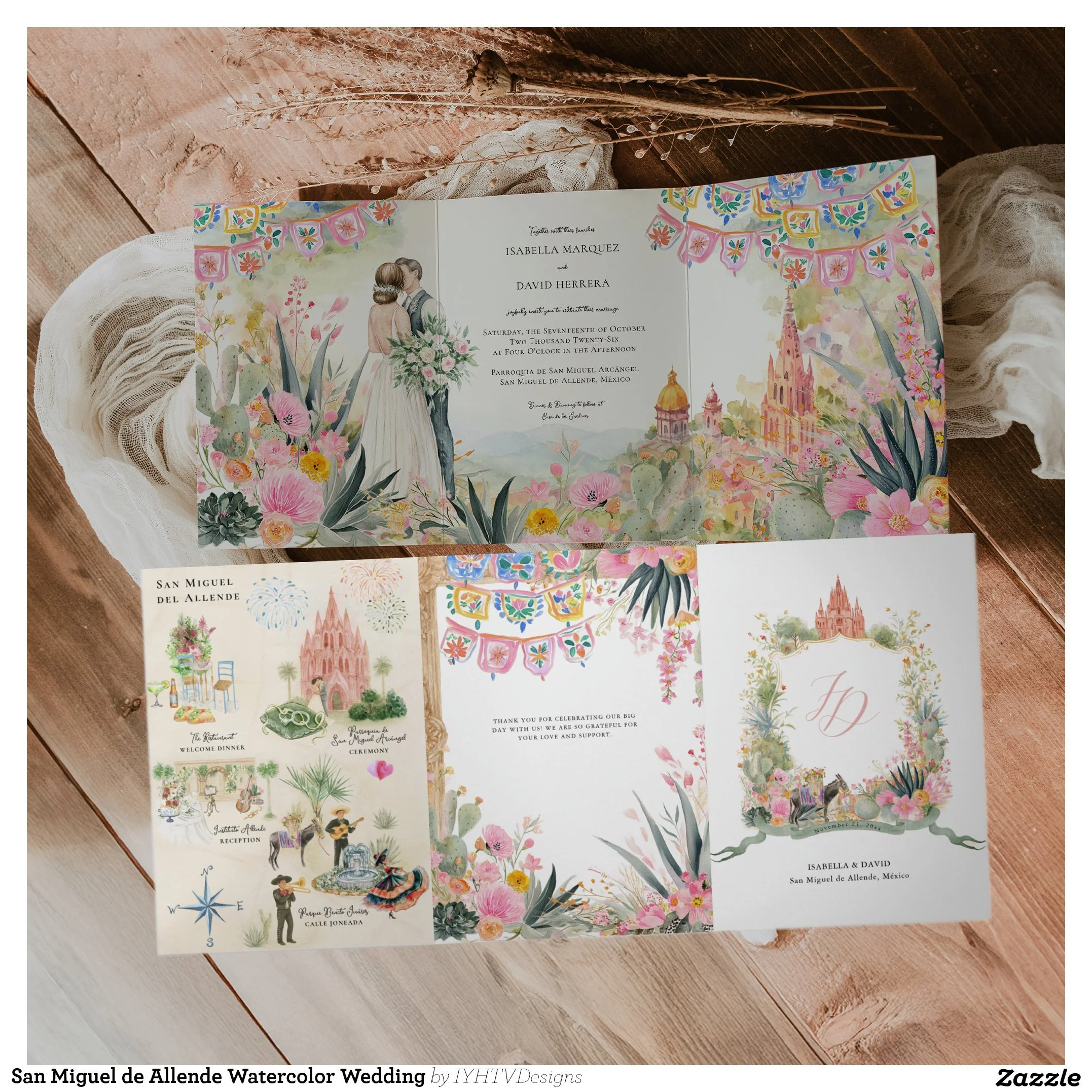 San Miguel de Allende Mexico Watercolor Wedding Map Invitation Suite