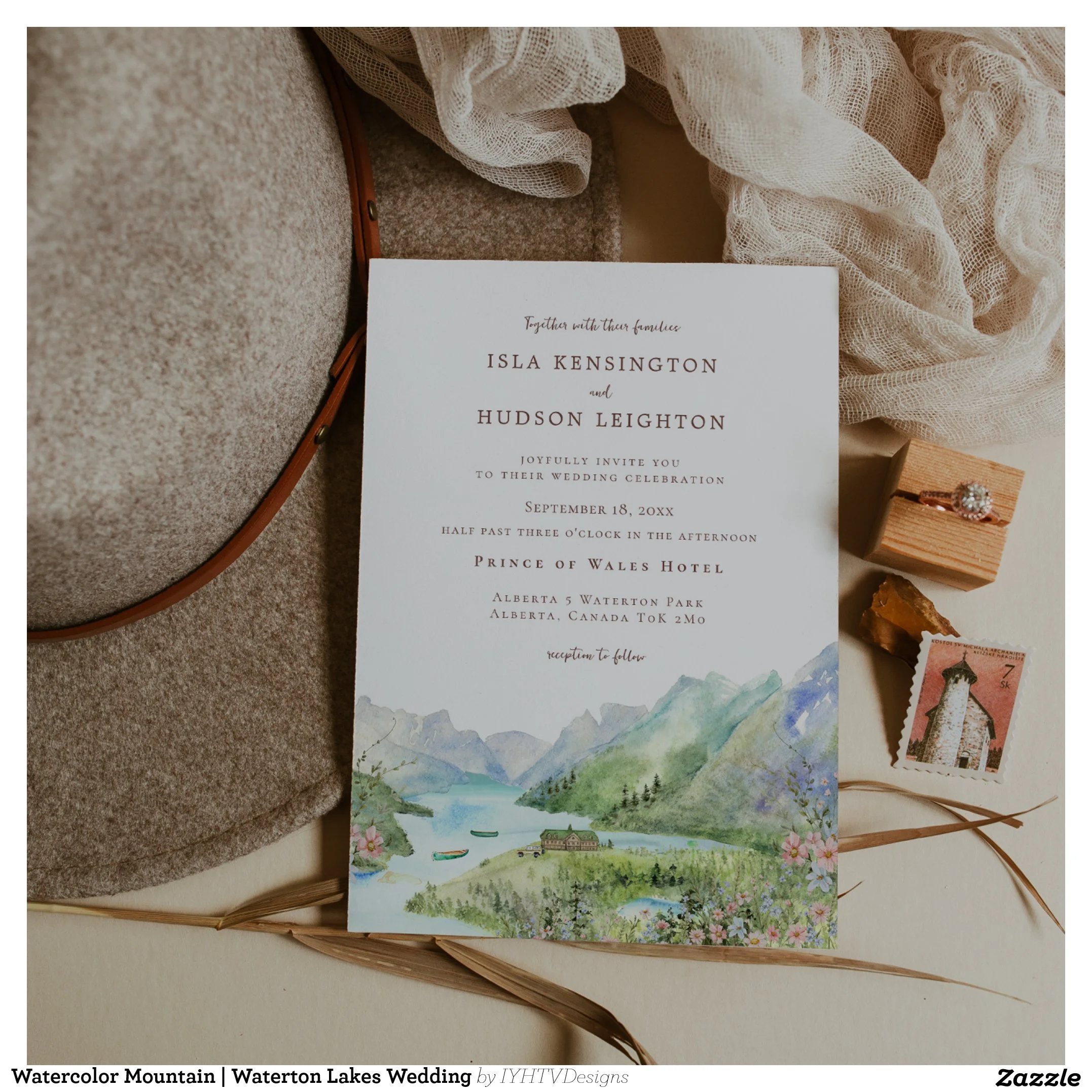 Waterton Lakes Canada Mountain Watercolor Wedding Invitation